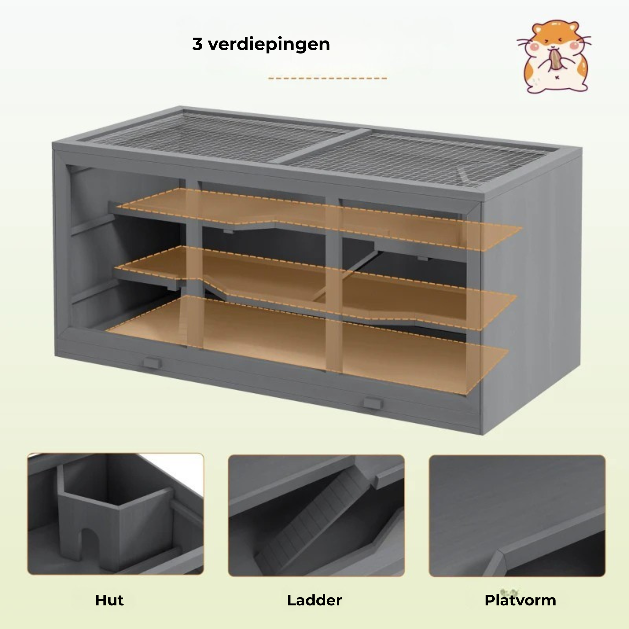 Hamsterkooi voor knaagdieren met extra ruimte in grijs 115x57x55 cm met drie verdiepingen en praktische hut ladder en platform