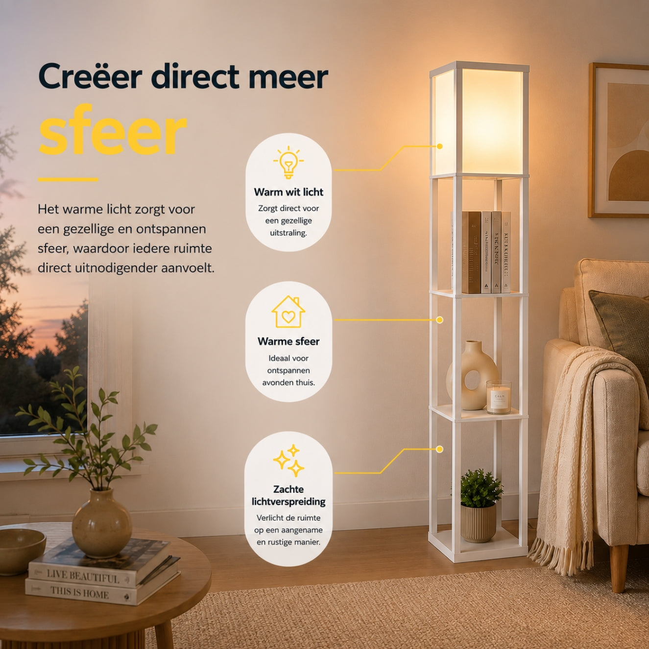 Multifunctionele witte vloerlamp met planken – 160 cm hoog