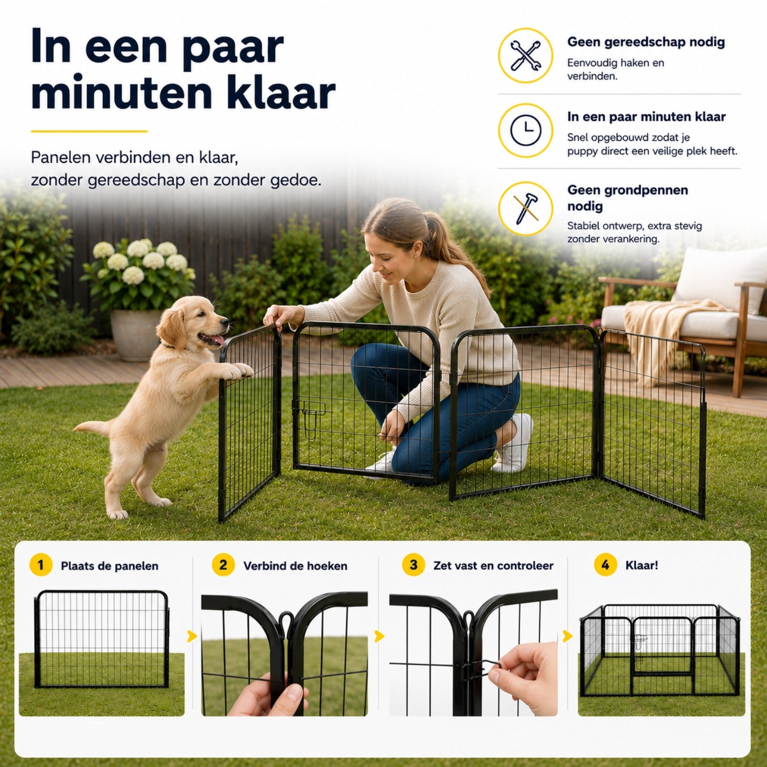 Hondenren puppyren hondenkennel staal 125x80x70 cm – Veilig en stevig verblijf voor je hond