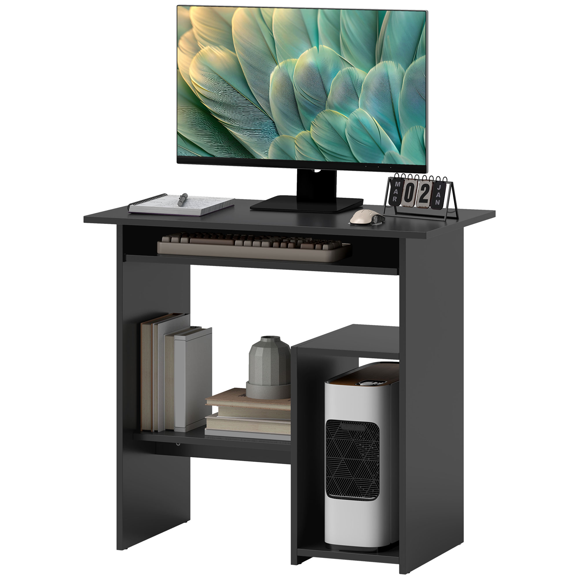 Compact zwart computerbureau 80 × 45 × 75 cm met lade & vakken voor een georganiseerde en praktische werkplek thuis of op kantoor