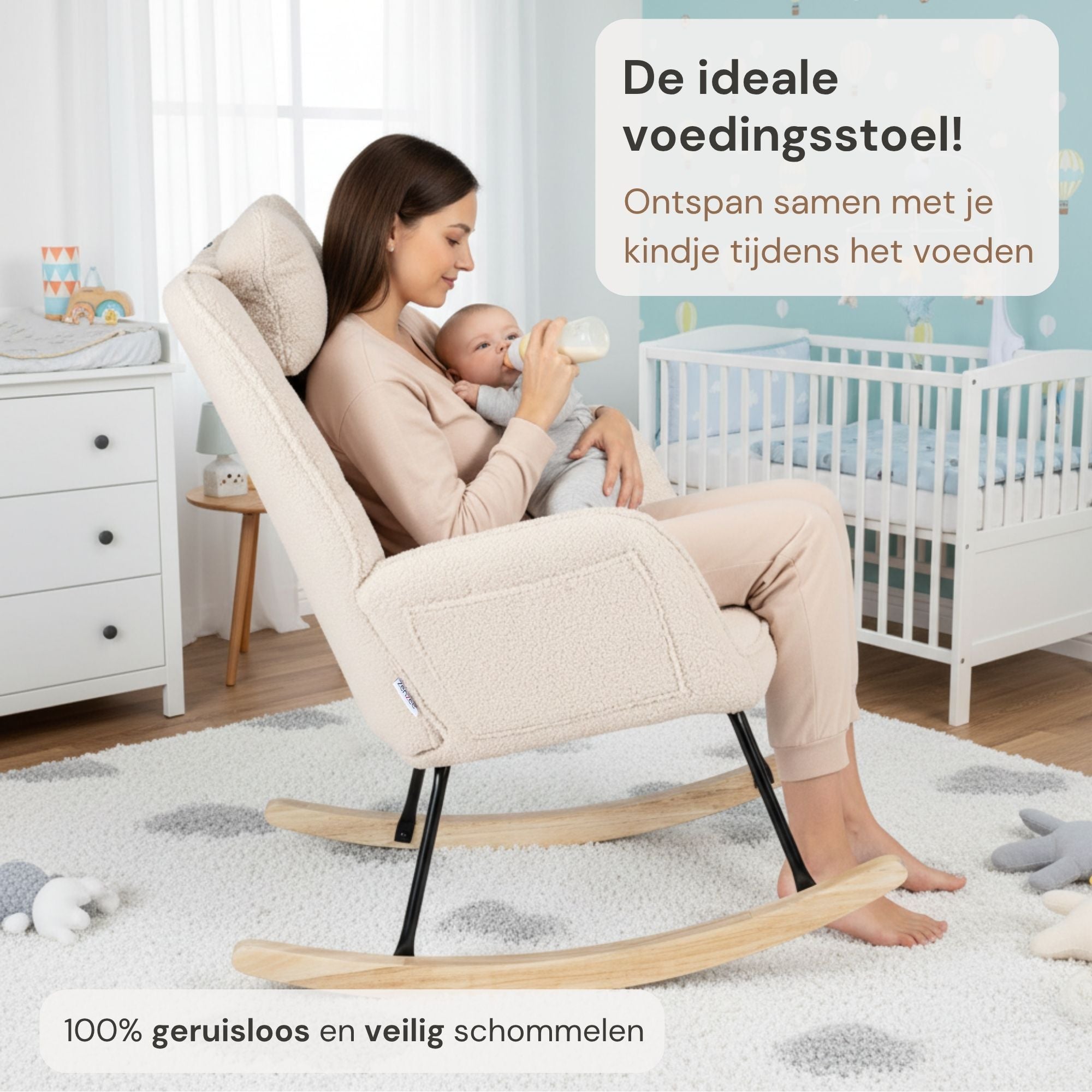Comfortabele schommelstoel met kussen voor voeding, lezen en ontspannen cremewit | Zenzee