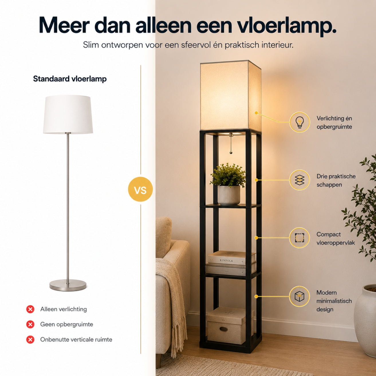 Staande vloerlamp met opbergruimte 26x26x160 cm – functioneel en modern design | Zenzee