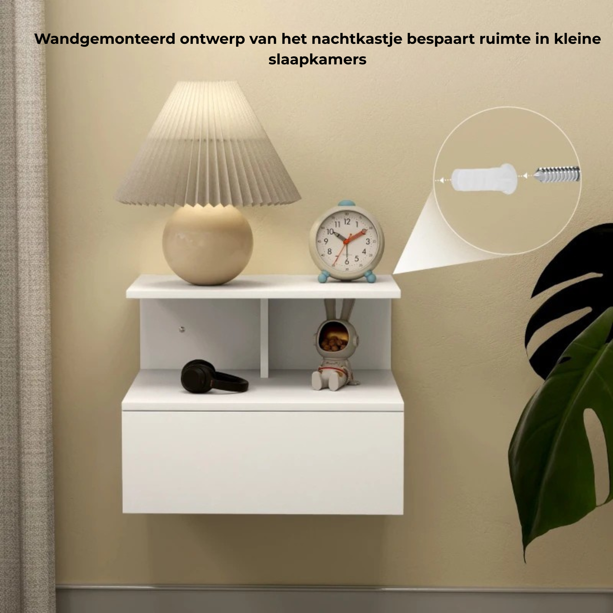 Zwevend nachtkastje met lade voor compact en stijlvol opbergen, minimalistisch design en wandmontage voor kleine ruimtes
