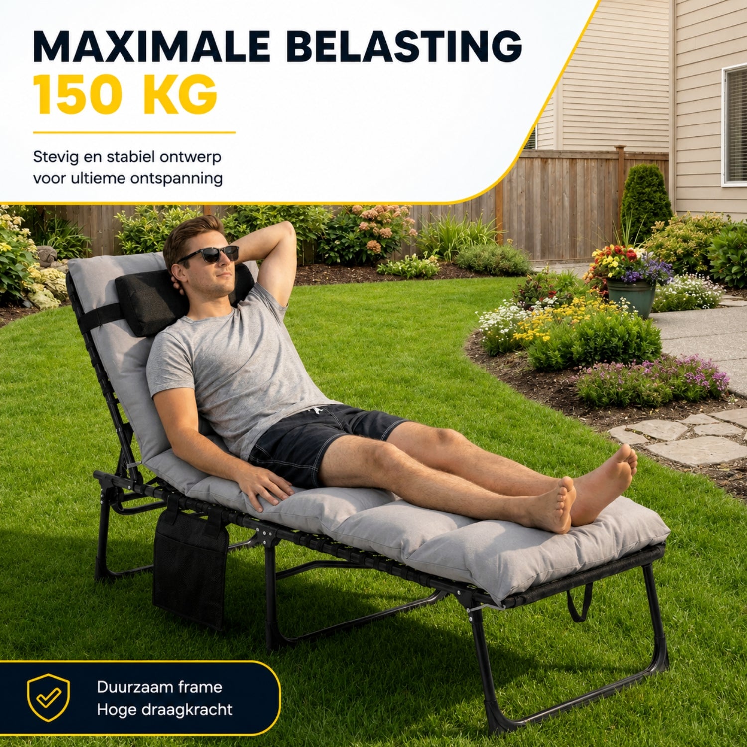 Opvouwbaar ligbed 58x189x33 cm met kussen, textileen en 120 kg draagkracht
