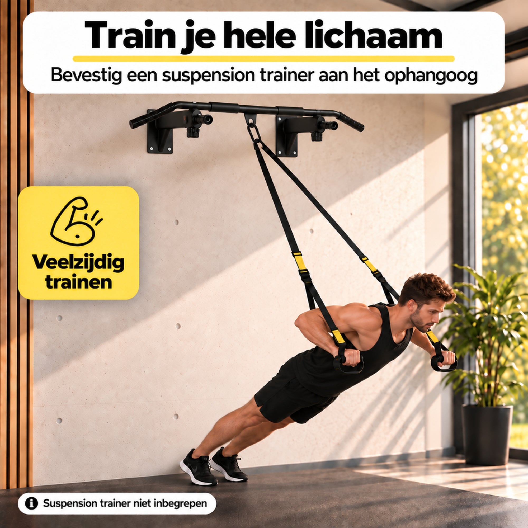 Pull up bar zwart – wandmontage met 150 kg draagvermogen geschikt voor veelzijdige training met suspension trainer