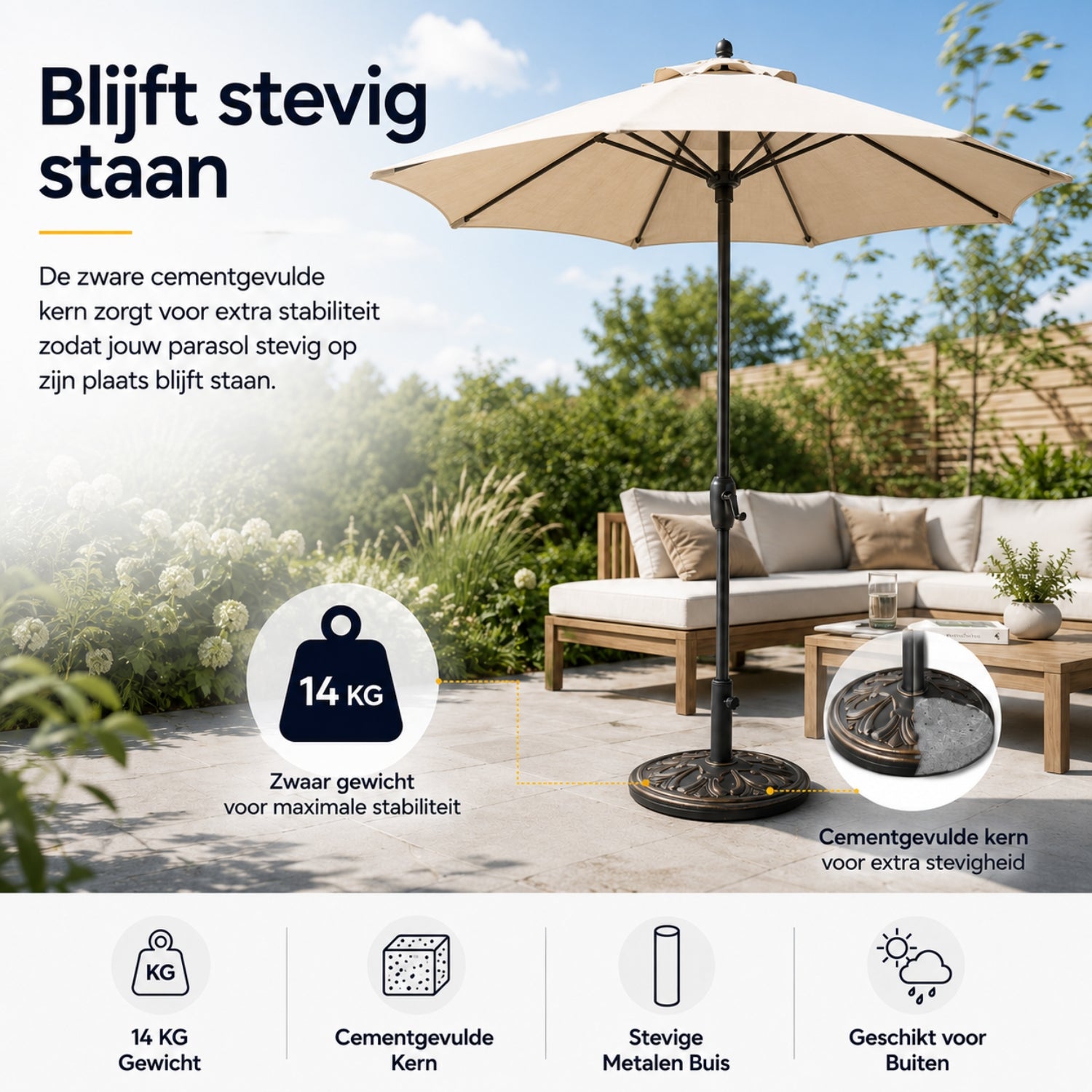 Klassieke parasolvoet in bronskleur – 14 kg, ø48 x 34 cm voor stevige ondersteuning