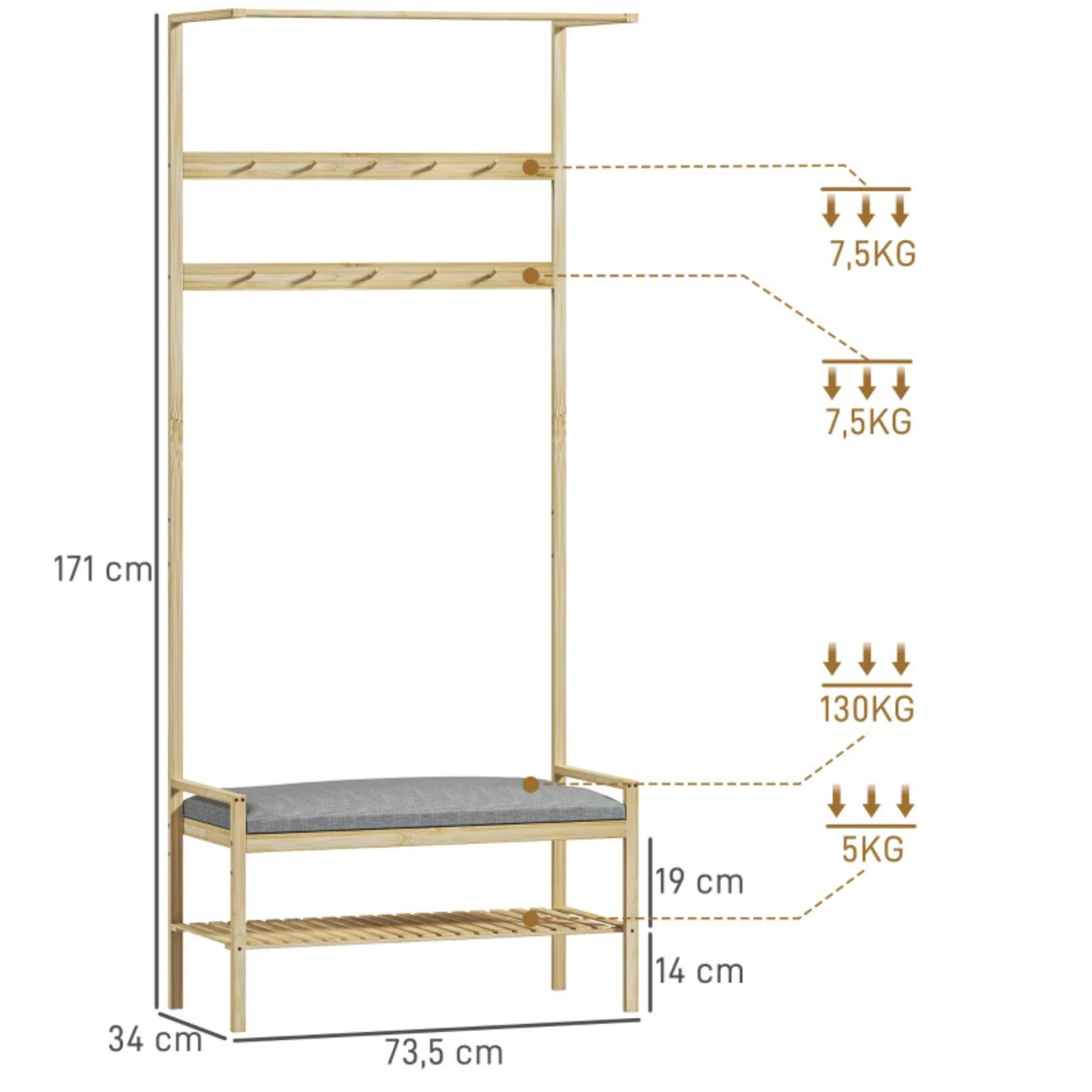 Kapstok garderobe met schoenenrek & zitkussen – duurzaam bamboe halmeubel met draaggewicht en afmetingen overzicht