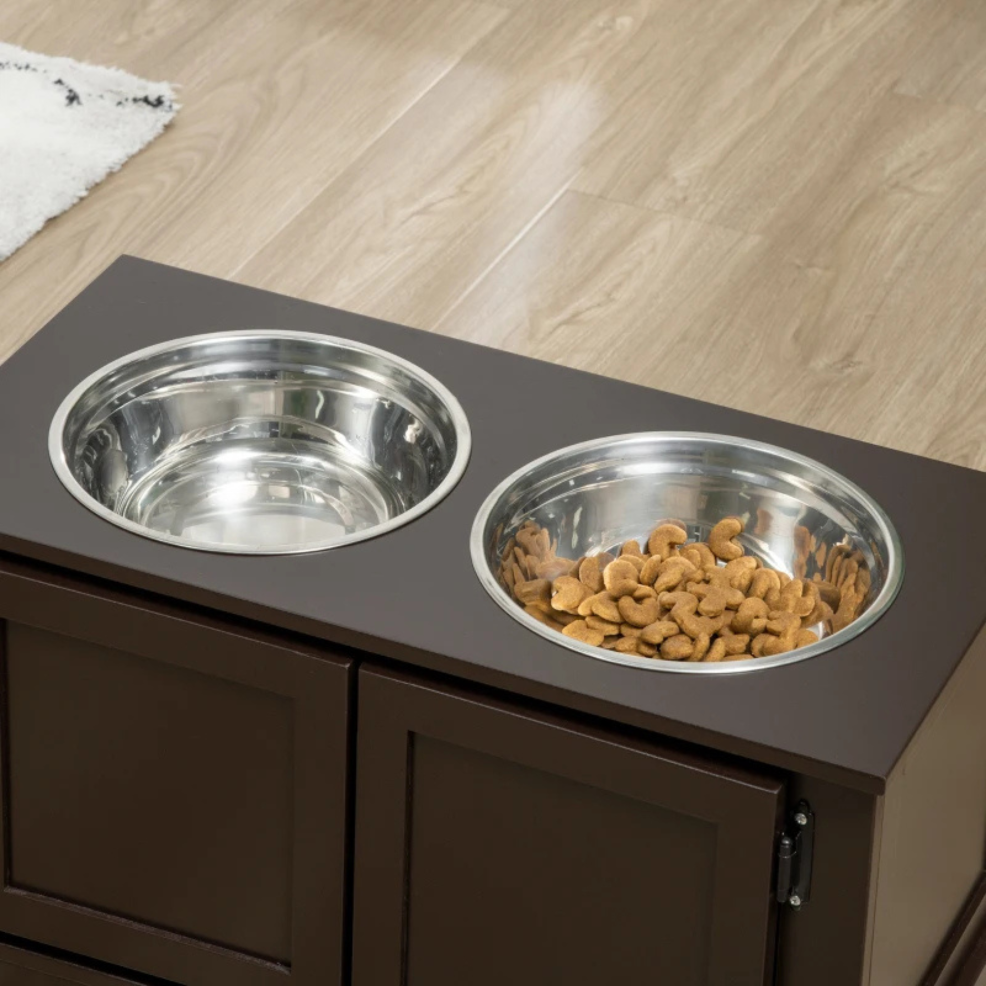 Hondenvoerbak met opbergruimte van MDF en RVS in bruin houtdesign