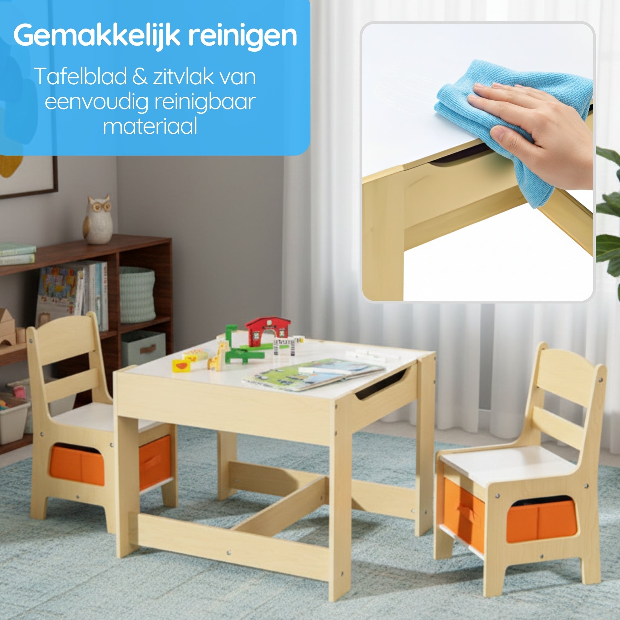 kindertafel met stoeltjes met krijtbord, whiteboard en slimme opbergruimte met eenvoudig schoon te maken tafelblad en zitvlak