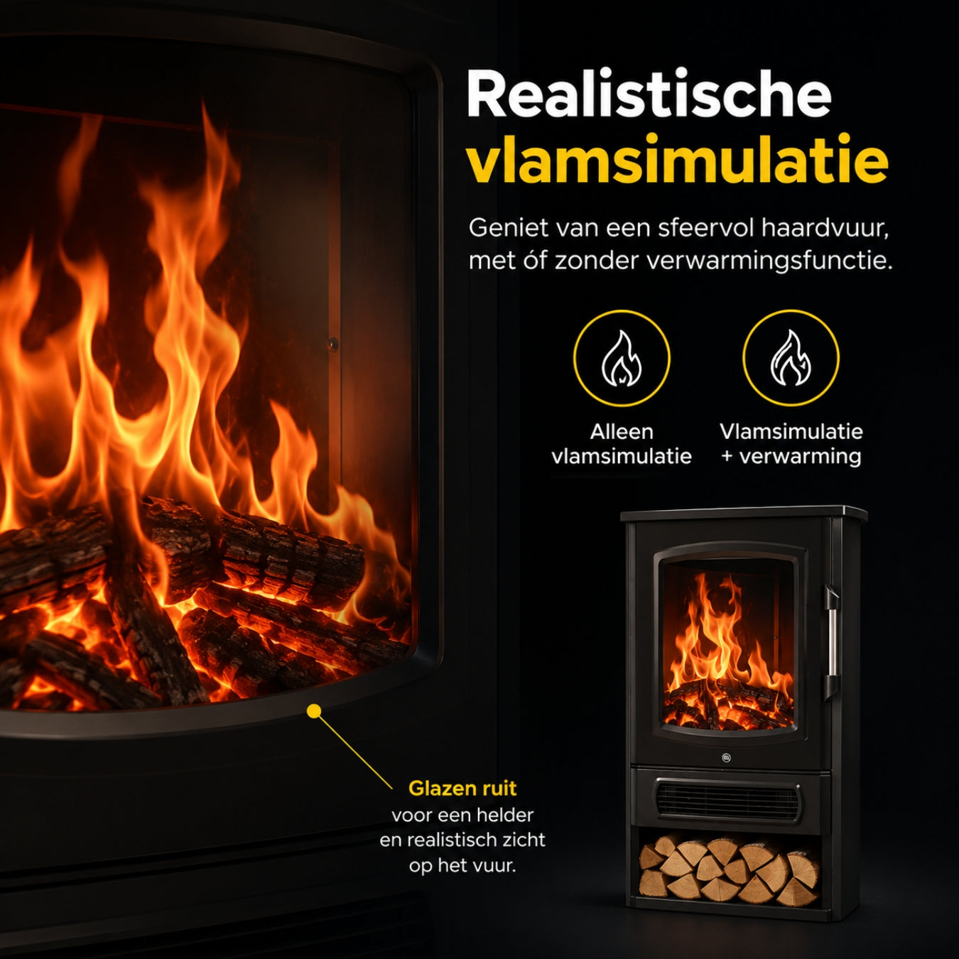 Vrijstaande elektrische sfeerhaard zwart – 2000W met realistisch vlameffect | Zenzee