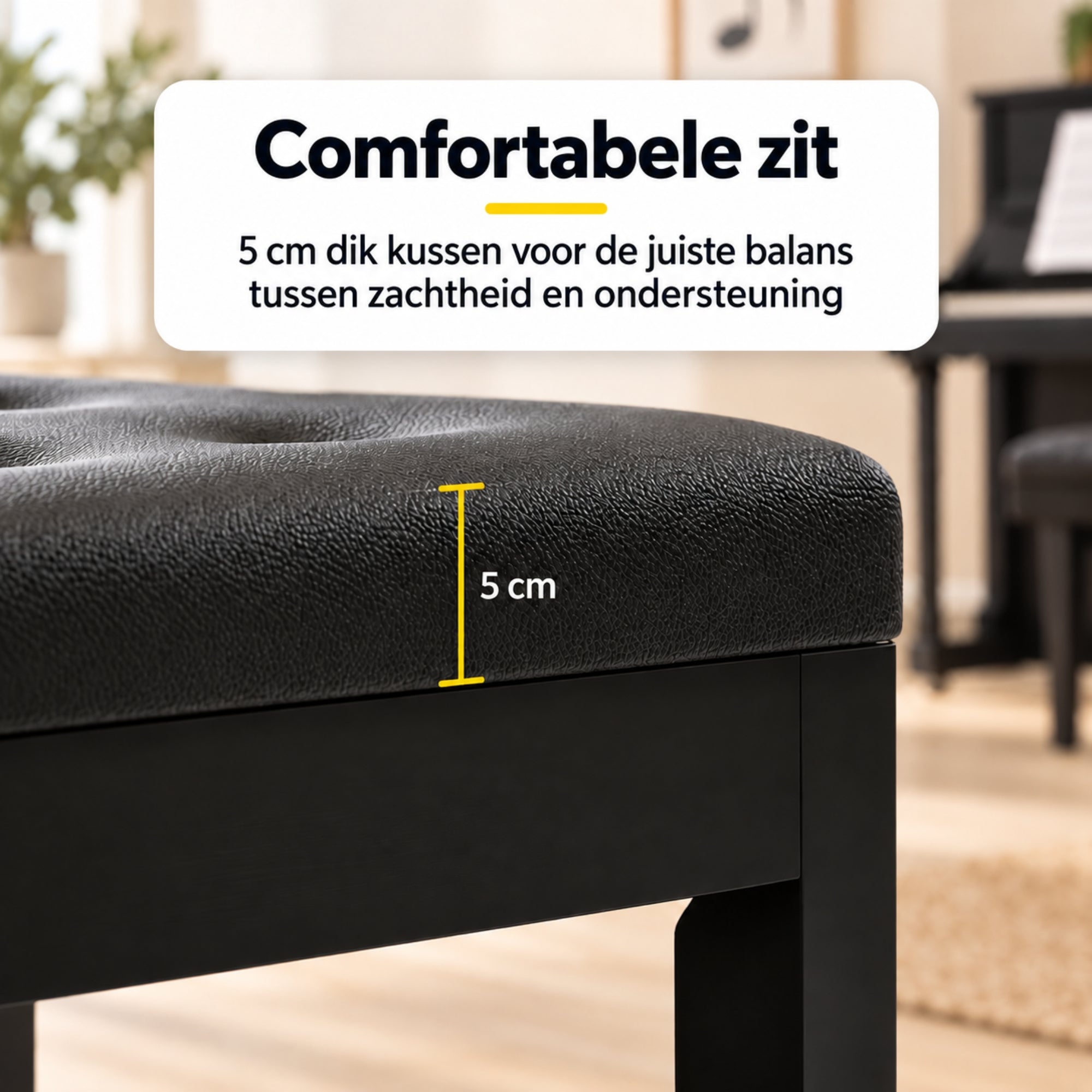 Moderne zwarte pianokruk met opbergruimte met 5 cm schuim voor comfortabel en ondersteunend 