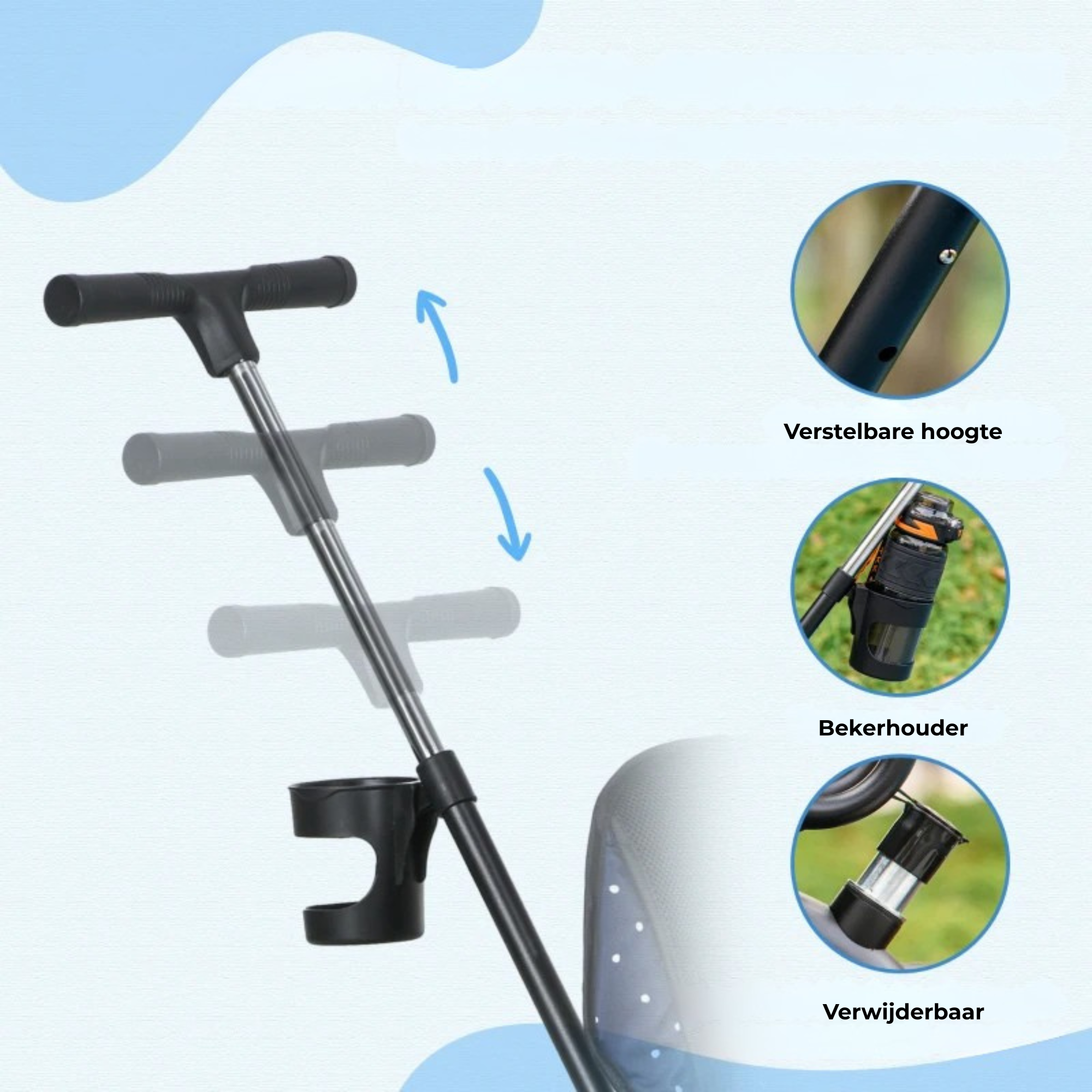 Duwstang met verstelbare hoogte en bekerhouder van Driewieler voor kinderen van  1-5 jaar met duwstang donkerblauw en stevig