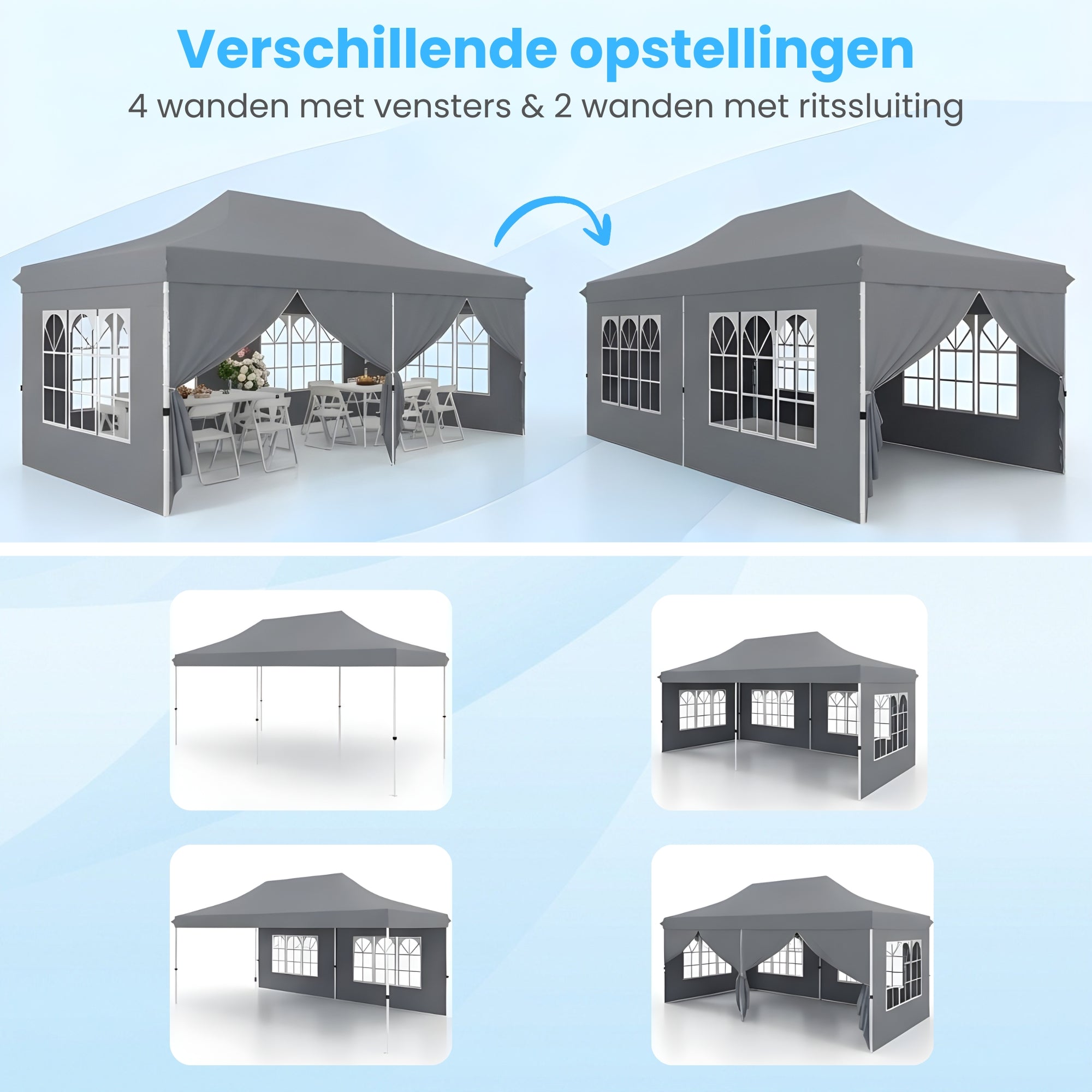Grijze partytent tuinpaviljoen opvouwbaar 6x3m – waterdicht met zijwanden en zandzakken, verschillende opstellingen mogelijk
