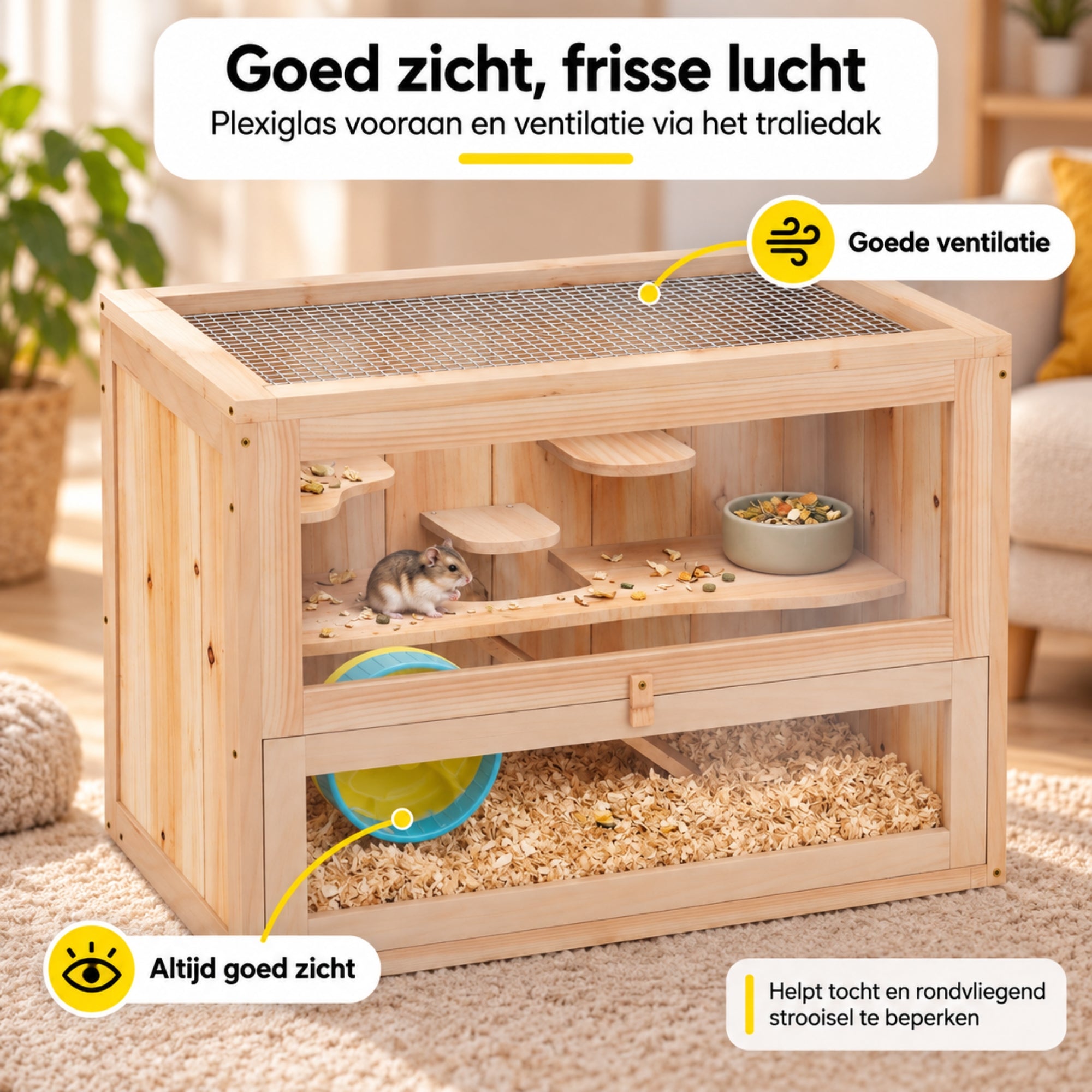 Houten hamsterkooi 60x35x42 cm – comfortabele en veilige ruimte voor je knaagdier met plexiglas en ventilatiegaas