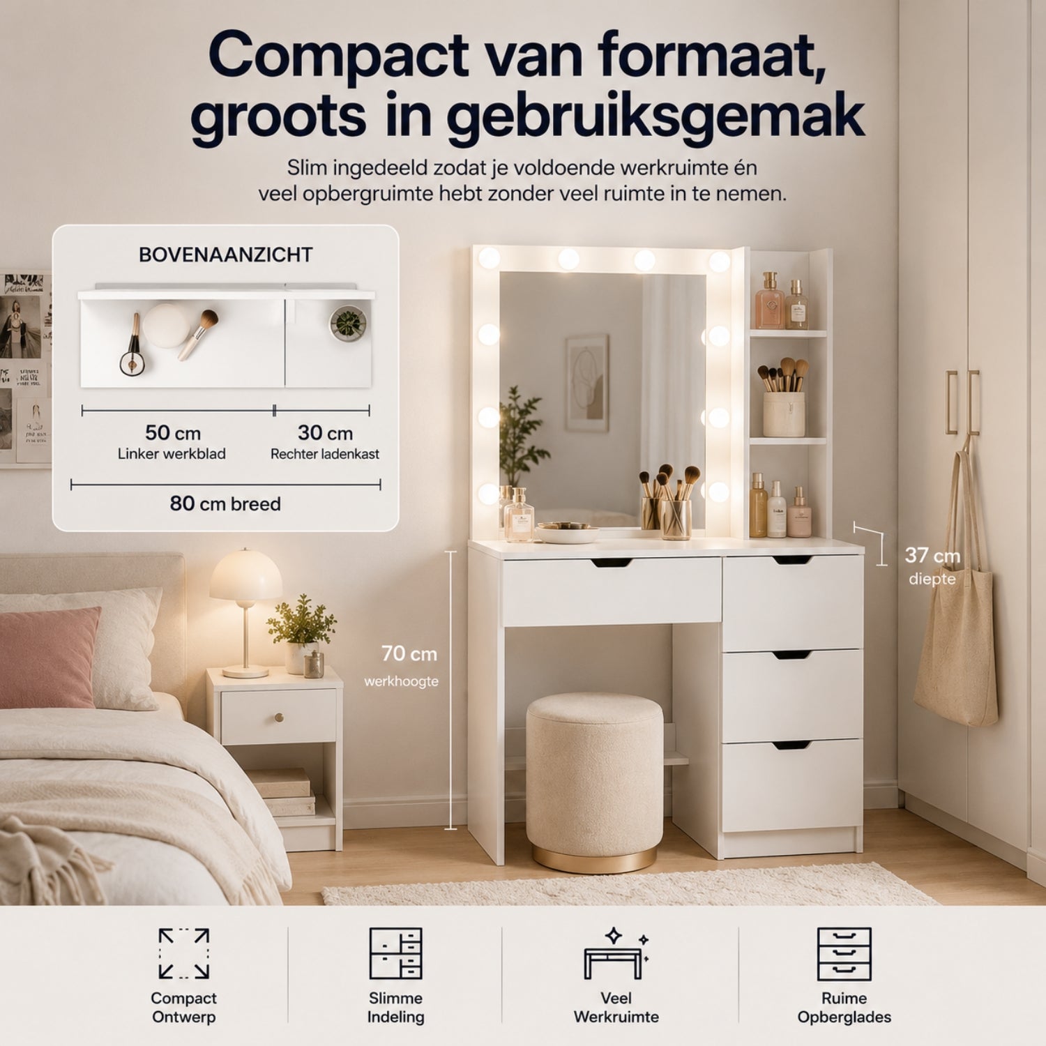 Kaptafel wit met Hollywood spiegel LED en ruime lades voor make-up | Zenzee met compacte indeling en ruime werkplek