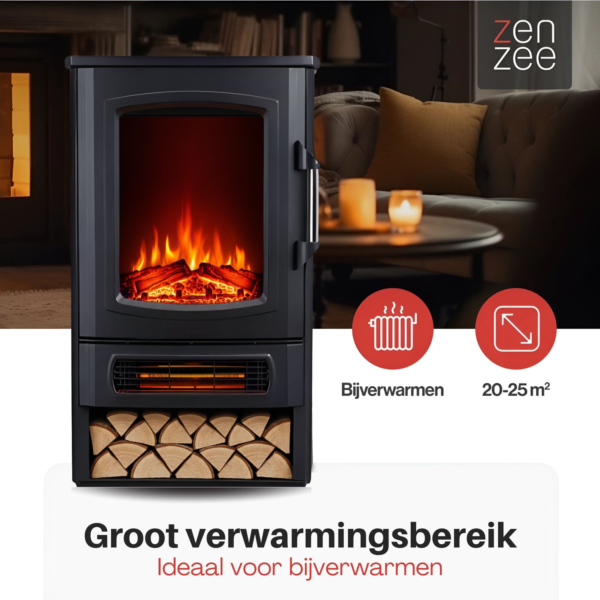 Vrijstaande elektrische sfeerhaard zwart – 2000W met realistisch vlameffect | Zenzee voor extra warmte en sfeer