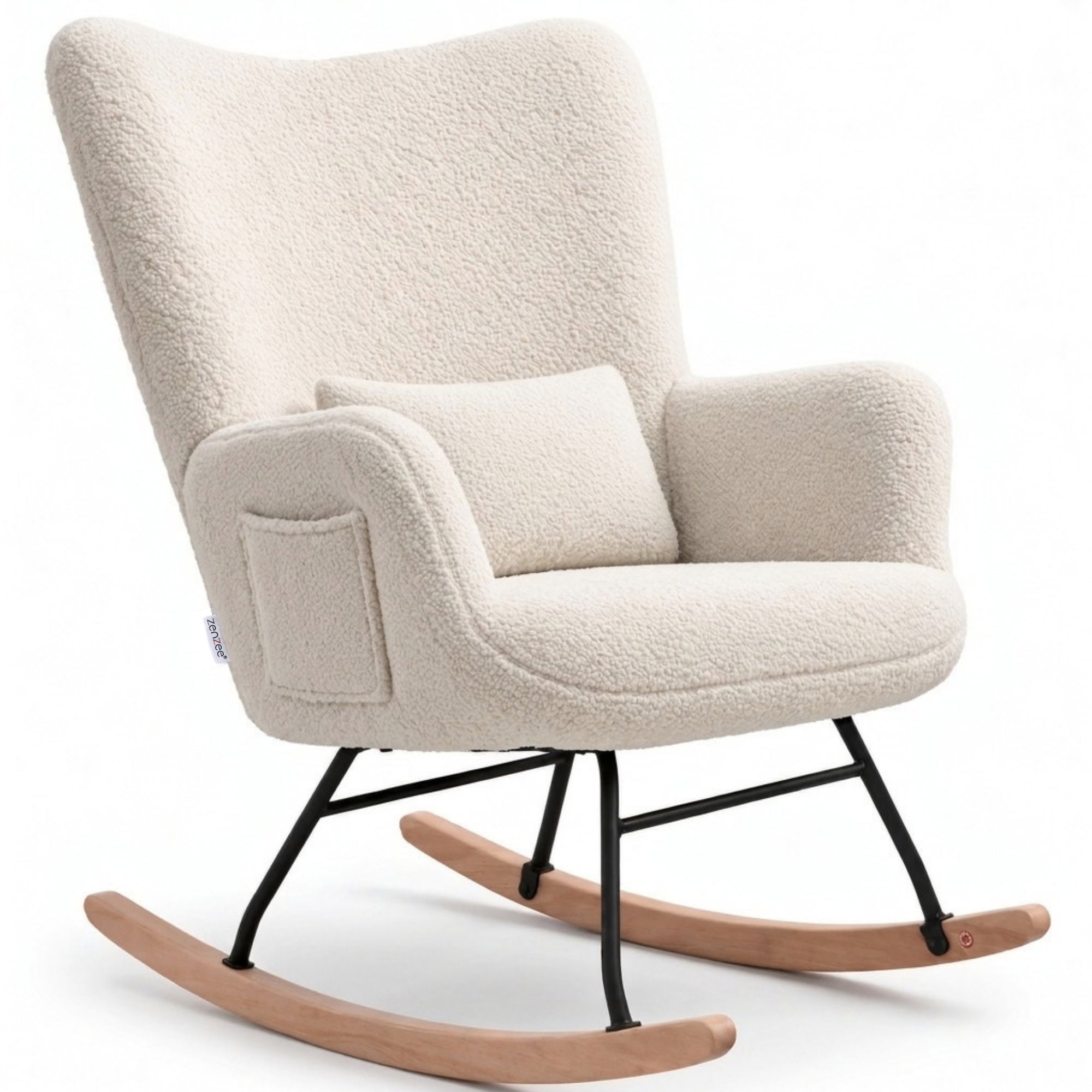 Comfortabele Schommelstoel met kussen en zijvak roomwit/beige | Zenzee met zachte berberfleece en houten schommelonderstel