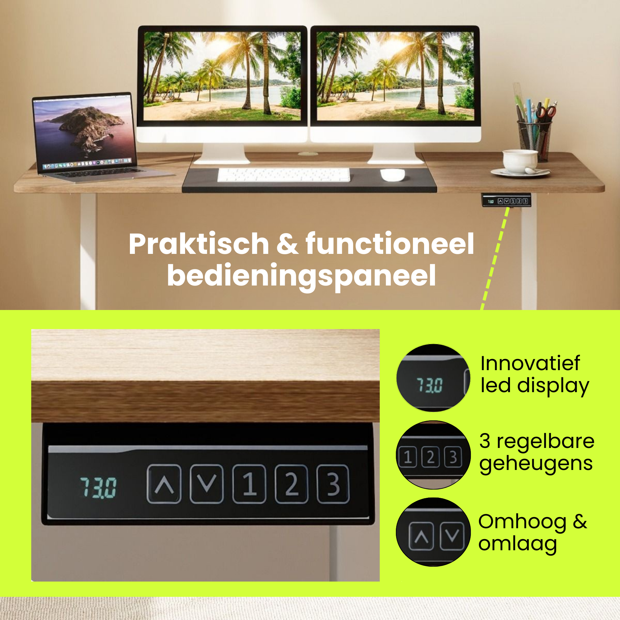 Elektrisch zit sta bureau 140x70 met botsbeveiliging en kinderslot natuur met praktisch bedieningspaneel en led display