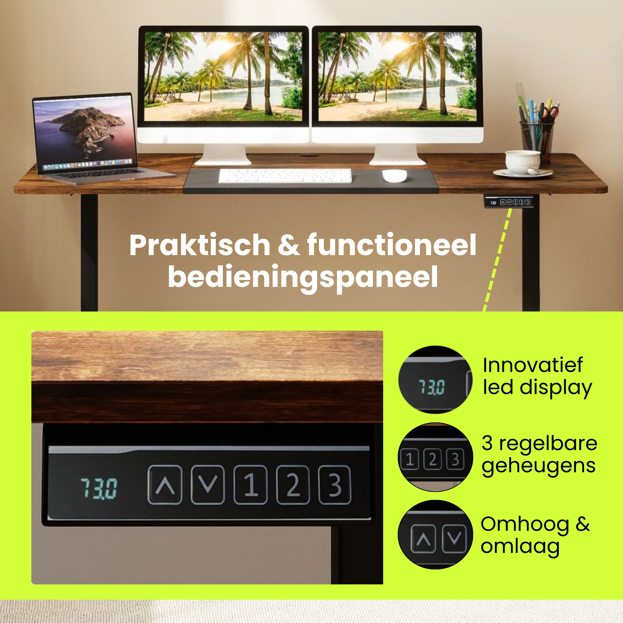 Elektrisch zit sta bureau 140x70 met botsbeveiliging en kinderslot bruin met praktisch bedieningspaneel en geheugenstanden