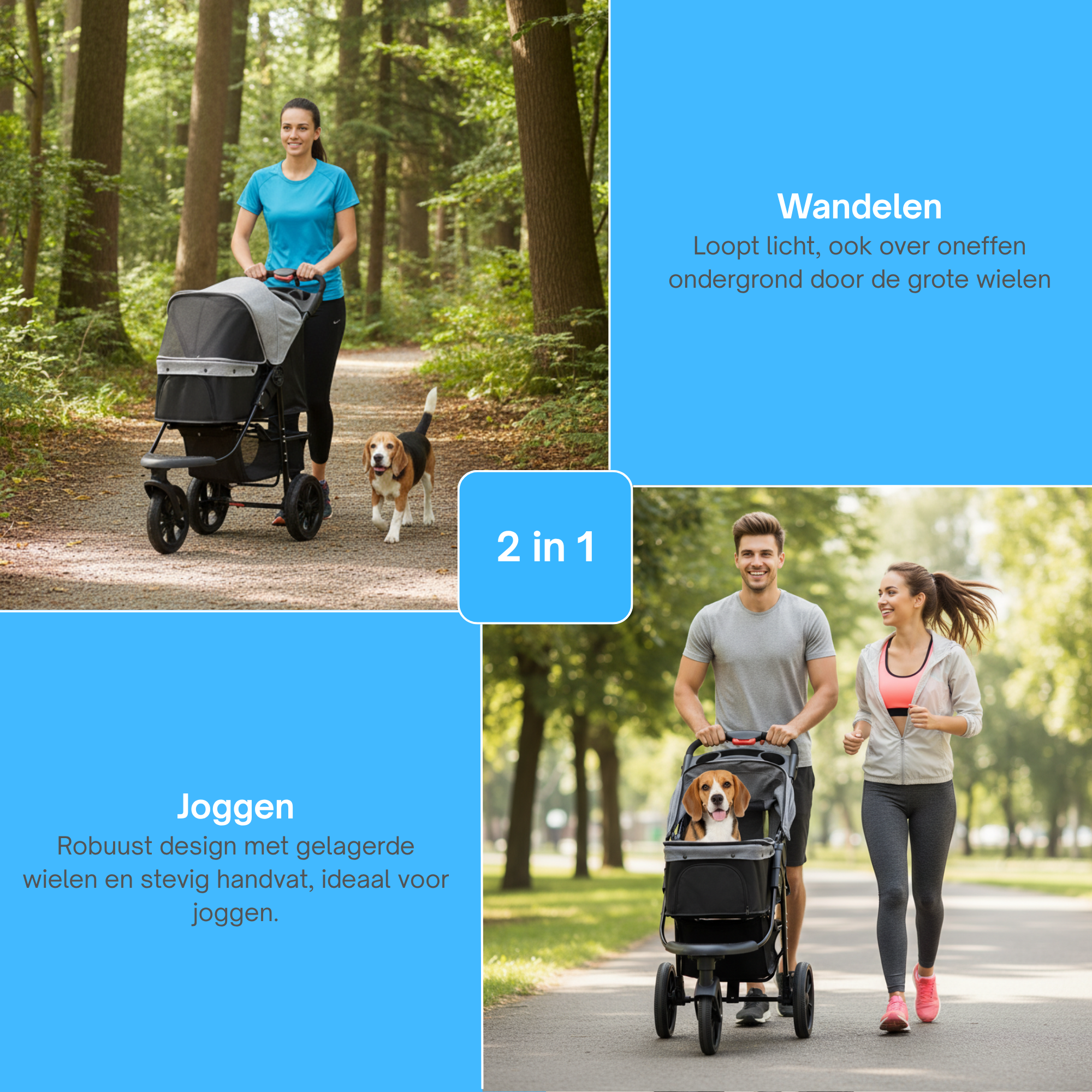 Opvouwbare hondenbuggy met verstelbare kap en opbergruimte – grijs/zwart – 110×58×107 cm | Zenzee in gebruik tijdens wandelen en joggen