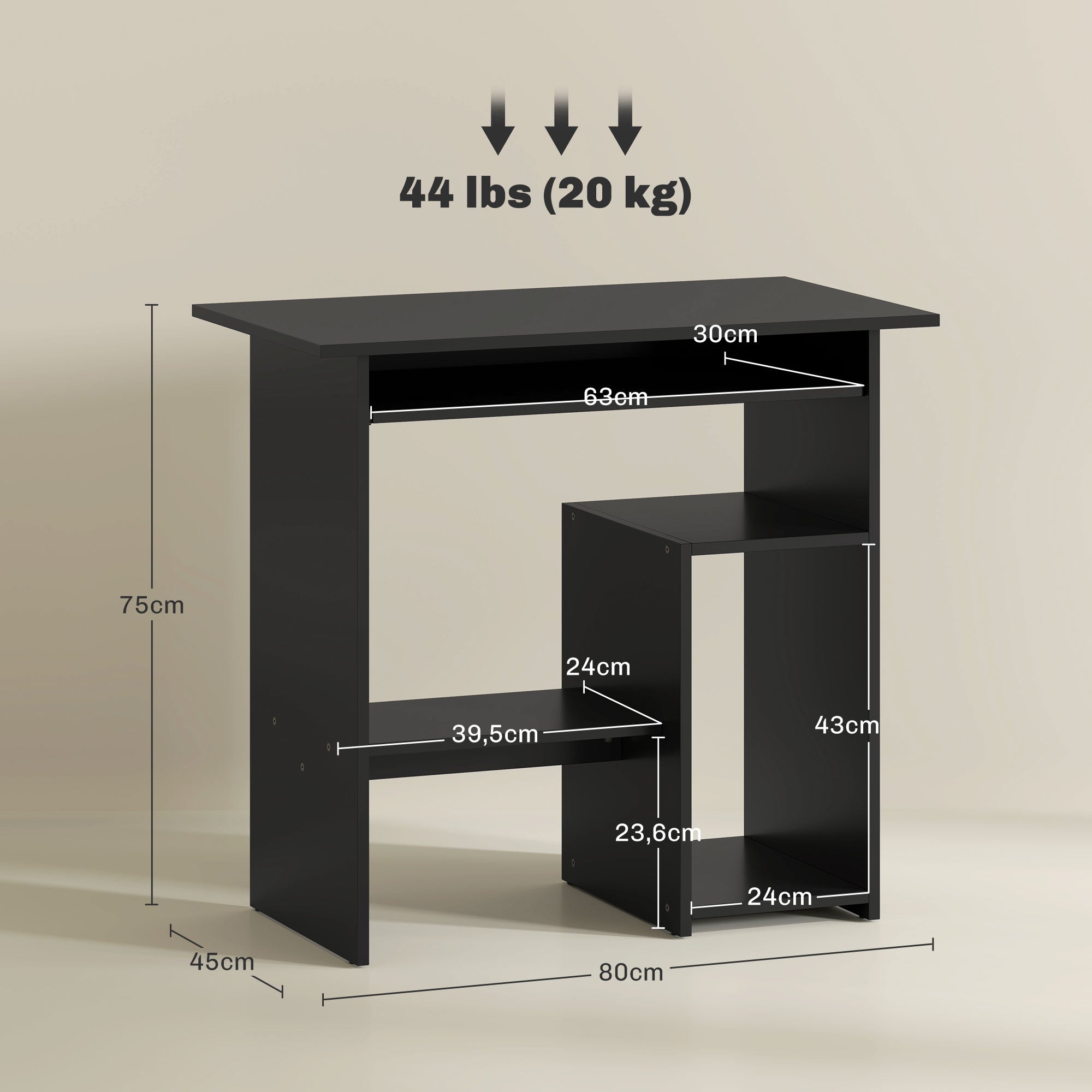 Compact zwart computerbureau 80 × 45 × 75 cm met lade & vakken met praktische ruimte en strak ontwerp voor efficiënt werken