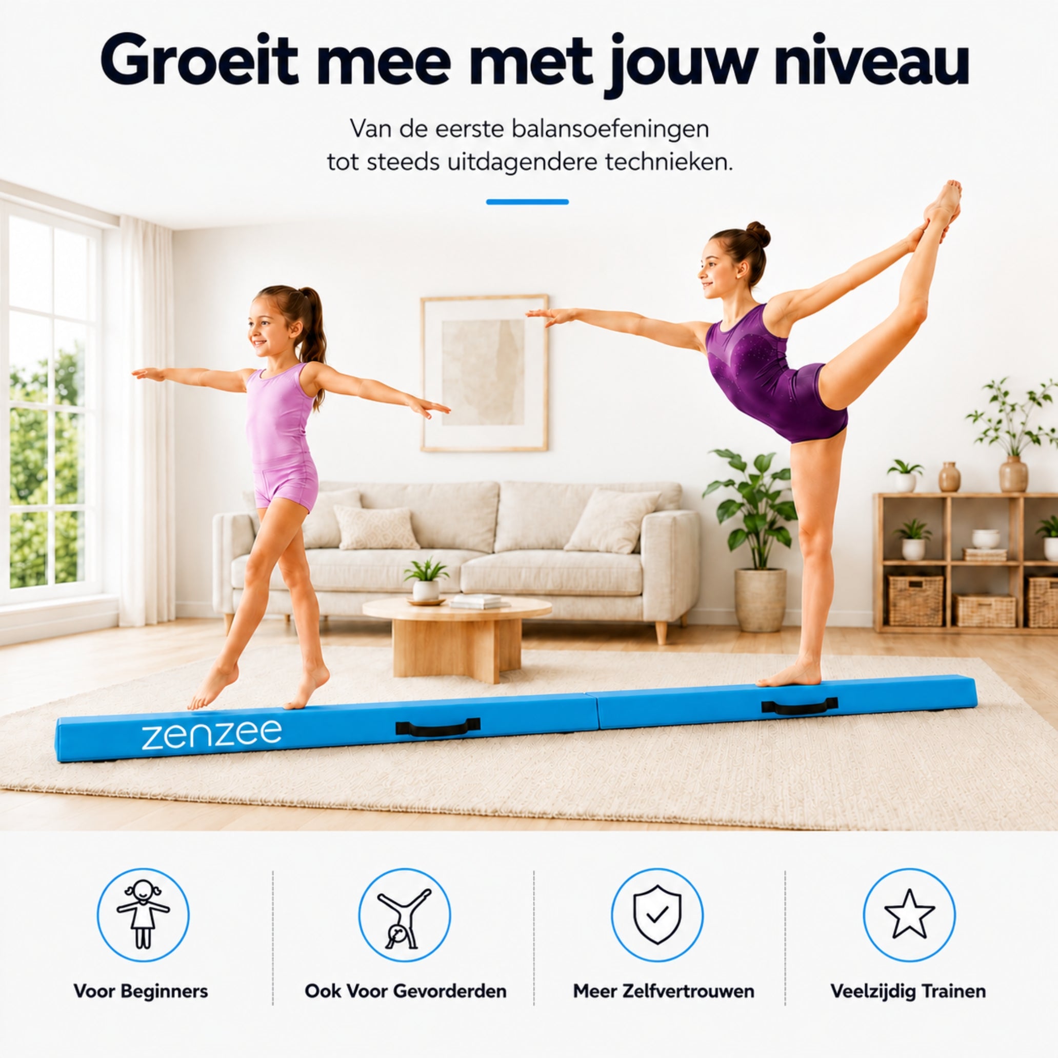 Turnbalk blauw 300 cm – balans trainer met draagtas. Ideaal voor thuis | Zenzee