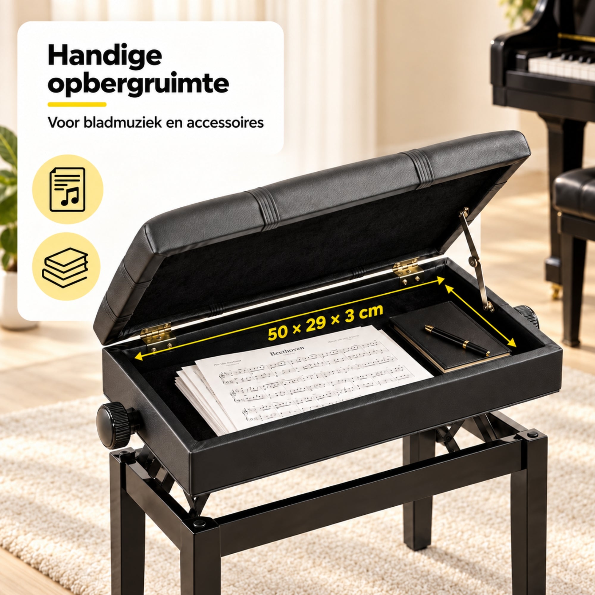 Zwarte pianokruk verstelbaar met opbergruimte en comfortabel design met softclose en opbergvak onder zitting