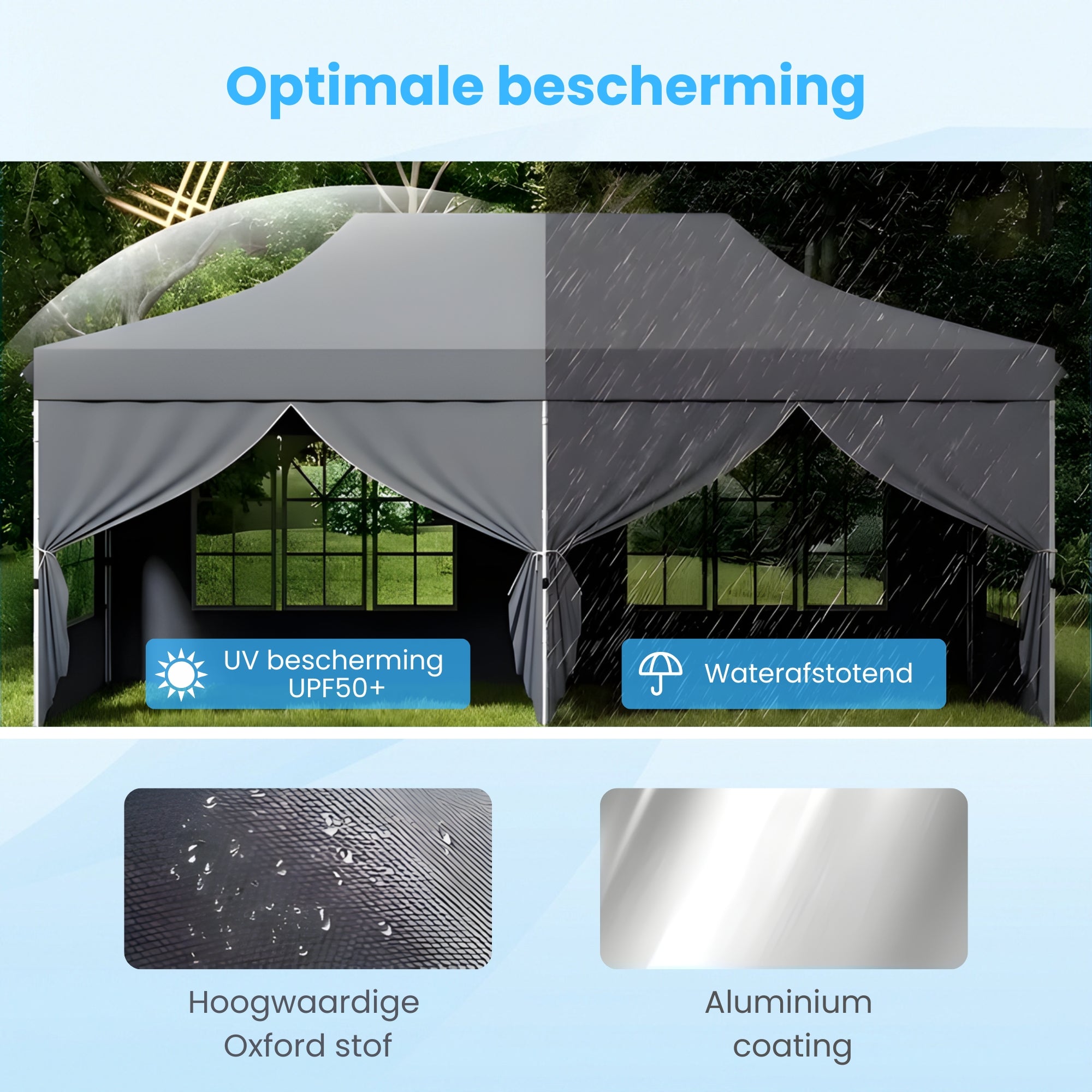 Grijze partytent tuinpaviljoen opvouwbaar 6x3m – waterdicht met zijwanden en zandzakken, optimale bescherming UV en regenbestendig