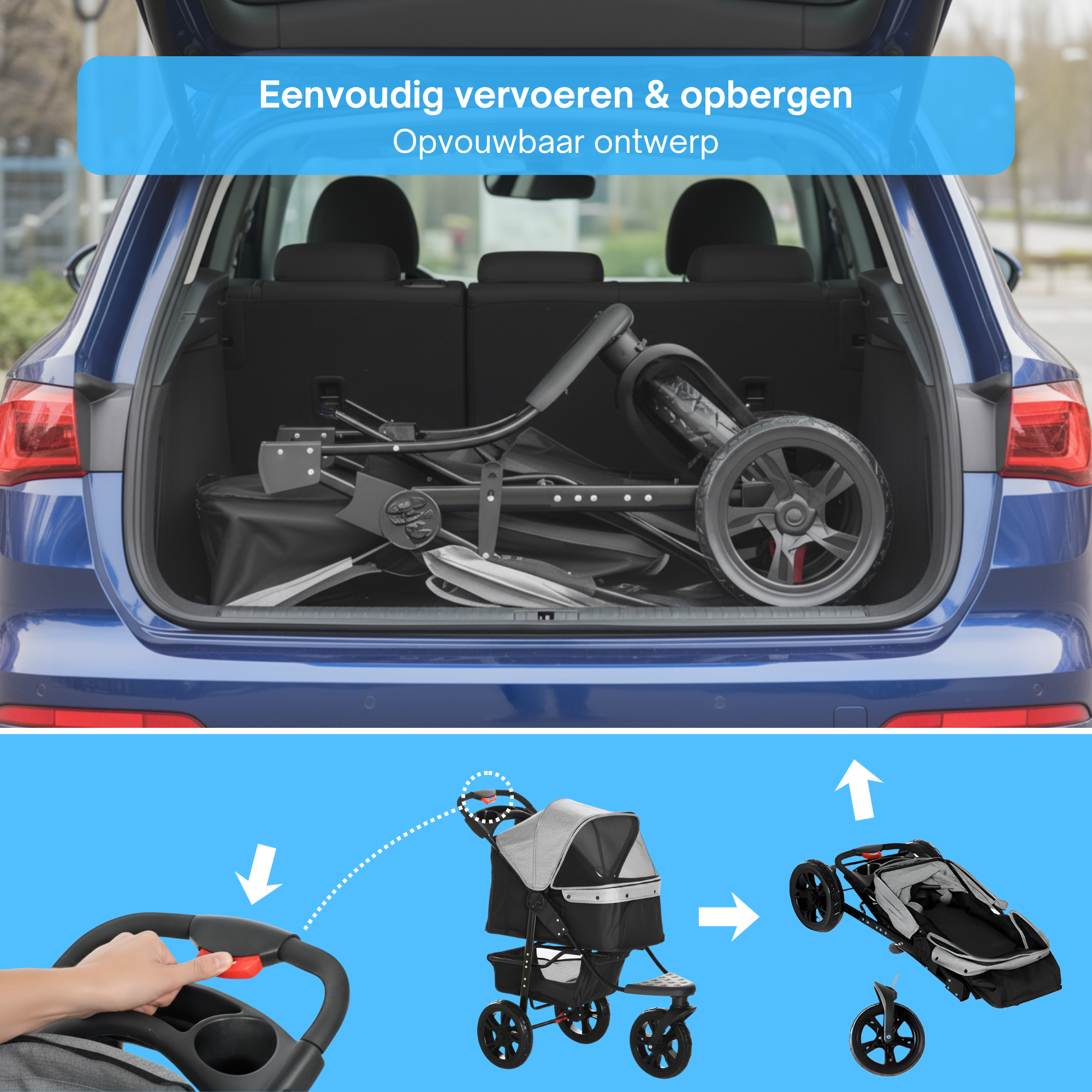 Opvouwbare hondenbuggy met verstelbare kap en opbergruimte – grijs/zwart – 110×58×107 cm | Zenzee compact en gemakkelijk vervoerbaar
