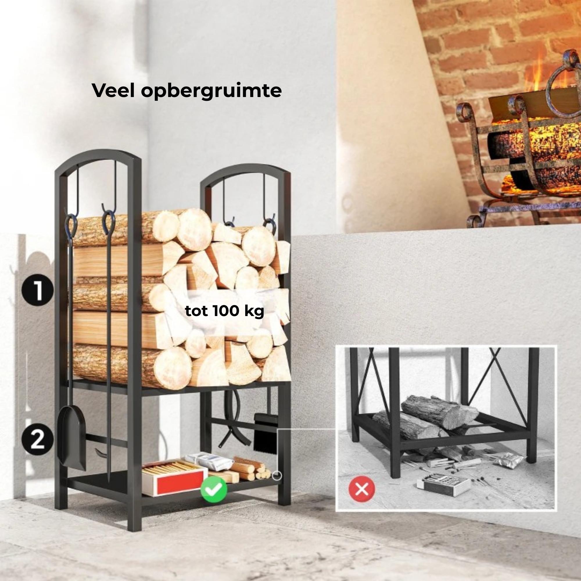 Zwart modern houtrek voor brandhout en haardhout 40x30x74 cm met robuuste stalen constructie en grote opslagcapaciteit