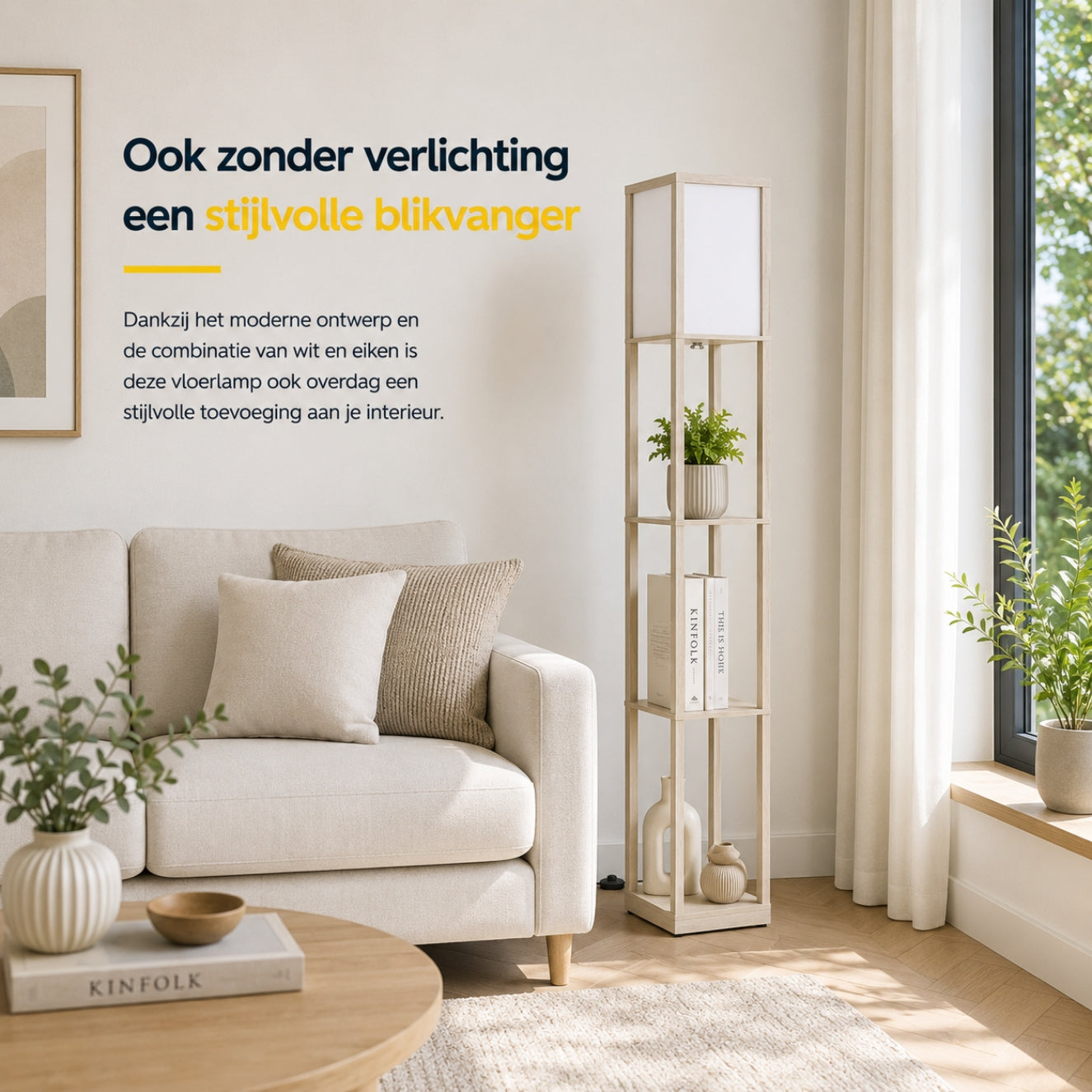 Moderne vloerlamp met opbergruimte 160 cm wit/eiken
