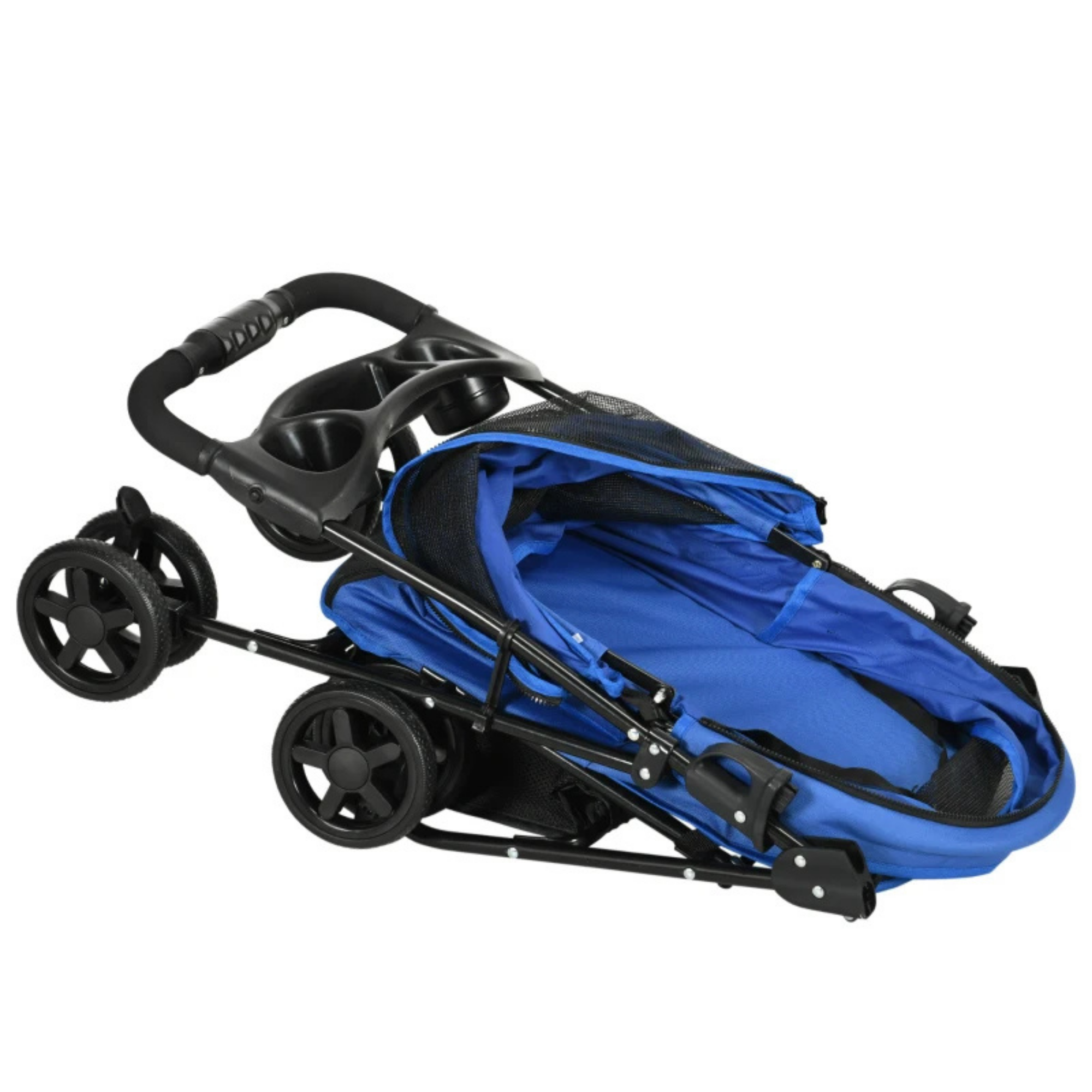Hondenbuggy blauw opvouwbaar met opbergruimte en veilige parkeerrem
