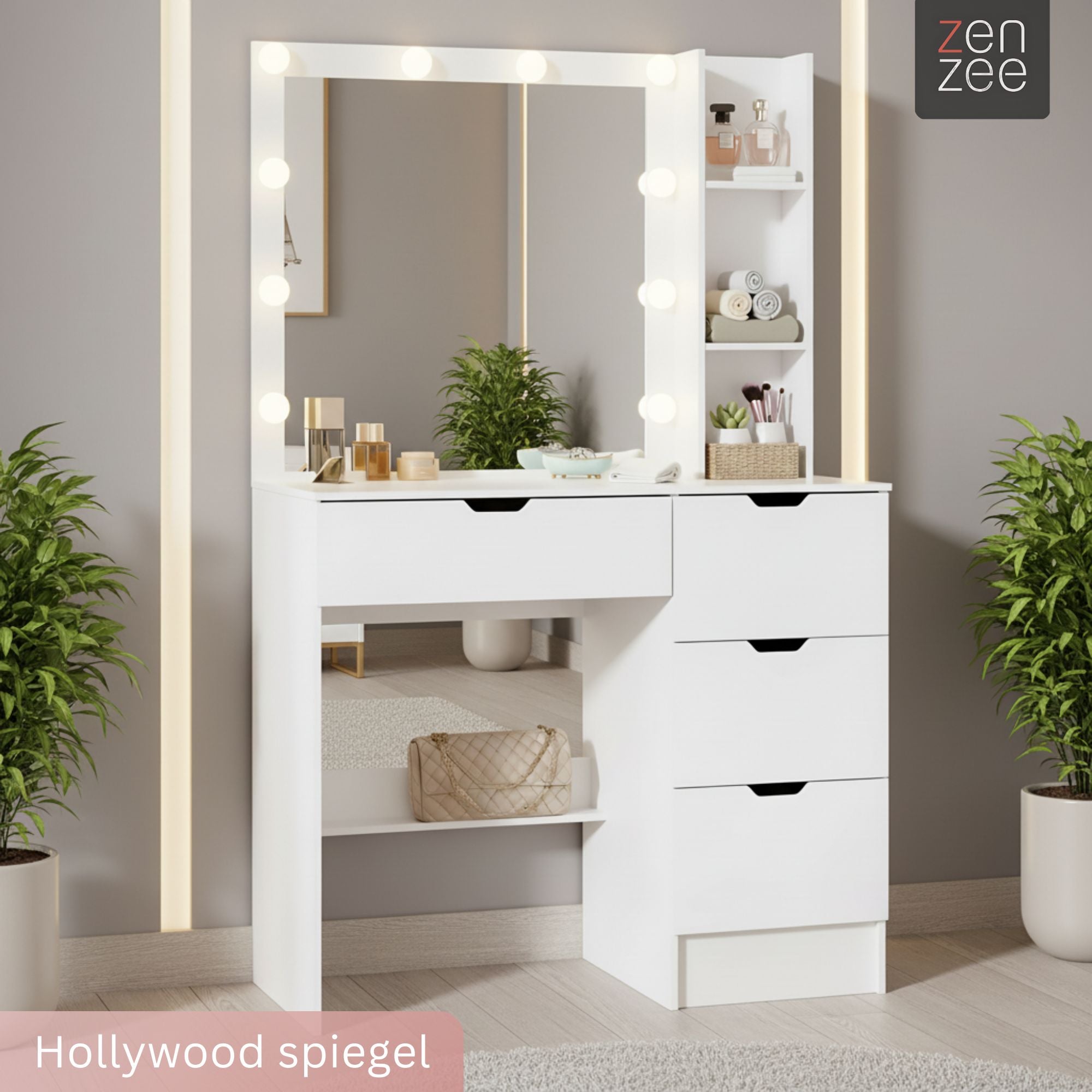 Kaptafel wit met Hollywood spiegel LED en ruime lades voor make-up | Zenzee