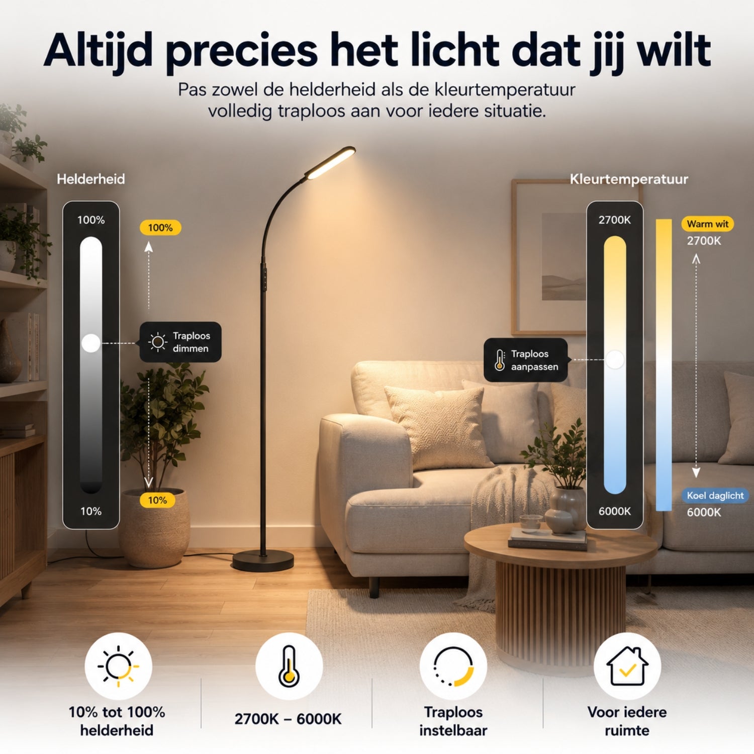 Dimbare LED vloerlamp voor woonkamer met afstandsbediening en geheugenfunctie zwart | Zenzee