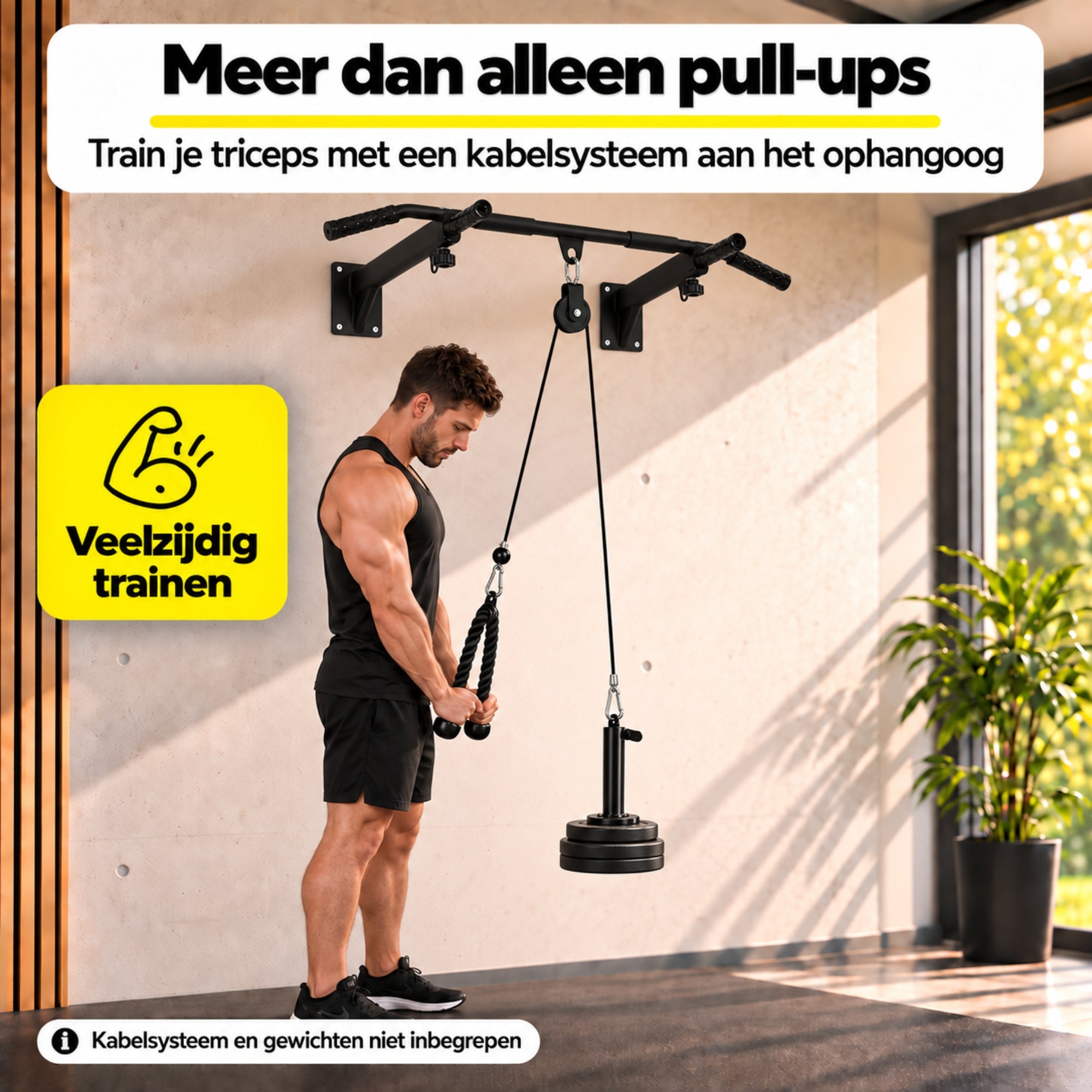 Pull up bar zwart – wandmontage met 150 kg draagvermogen met kabelsysteem aan ophangoog voor veelzijdige tricepstraining