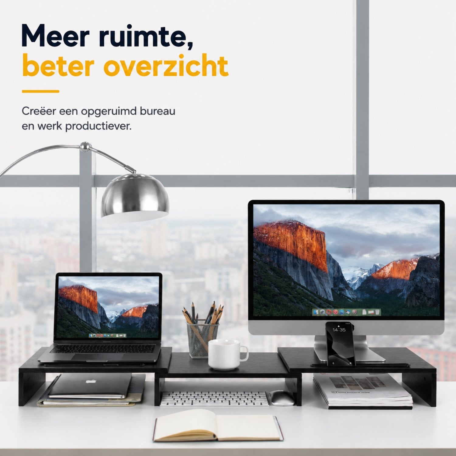 Ergonomische monitorverhoger zwart voor 2 monitors – verbeter je werkhouding | Zenzee