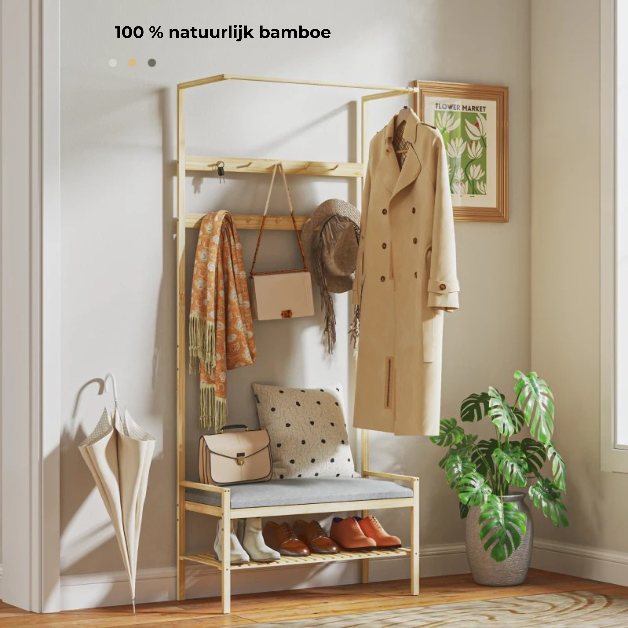 Kapstok garderobe met schoenenrek & zitkussen – duurzaam bamboe halmeubel met opbergruimte en comfortabele zitting voor halgebruik