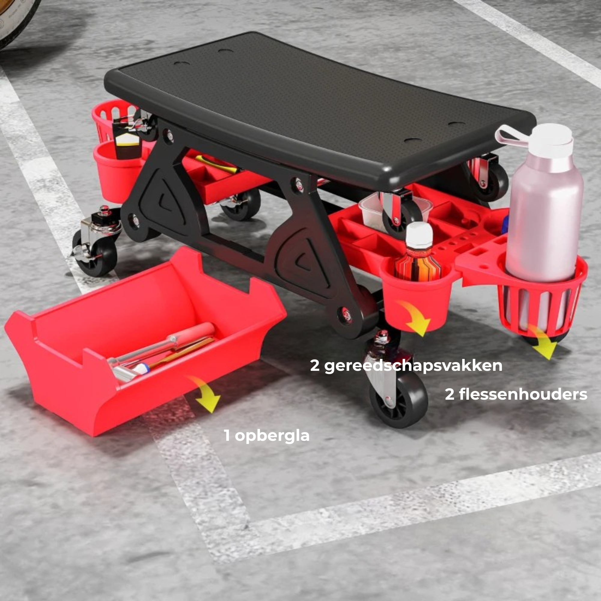 ergonomische zadelkruk werkplaatskruk op wielen 86×33 cm met opberglade en handige flessenhouders voor werkplaatsgebruik