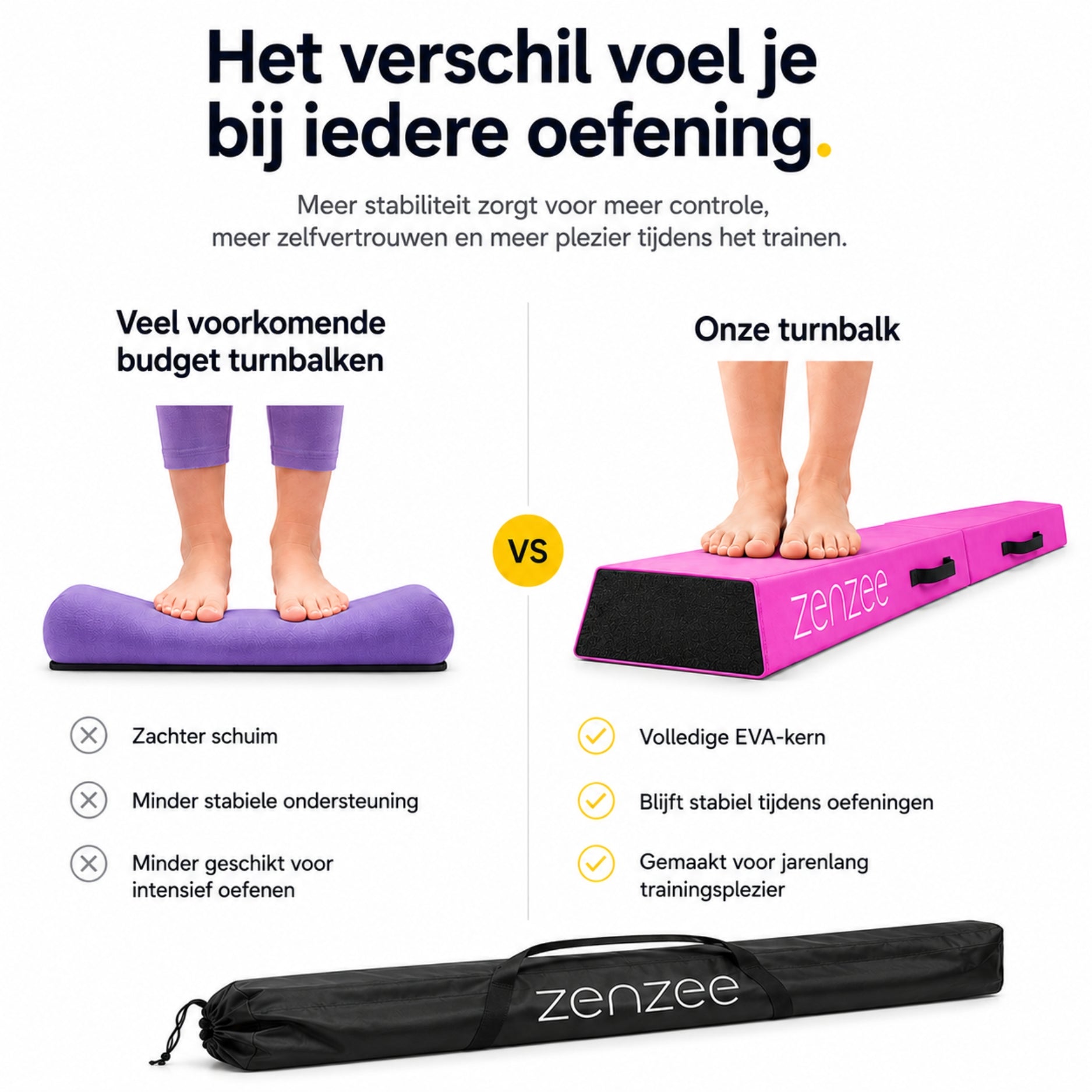 Turnbalk roze 300 cm – balans trainer met draagtas. Ideaal voor thuis | Zenzee