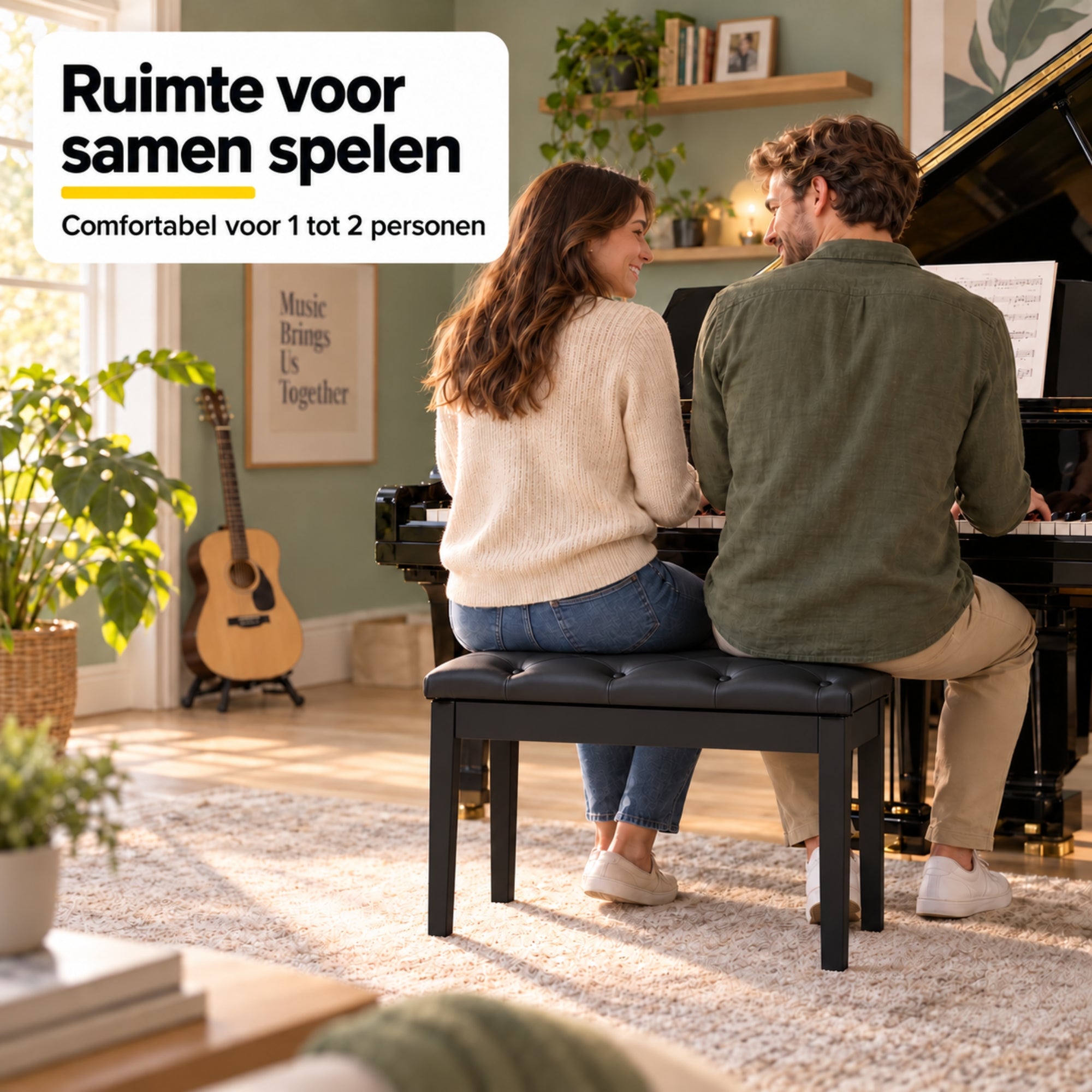 Zwarte pianobank met opbergruimte – klassiek design en zitcomfort voor samen pianospelen met twee personen bij de piano