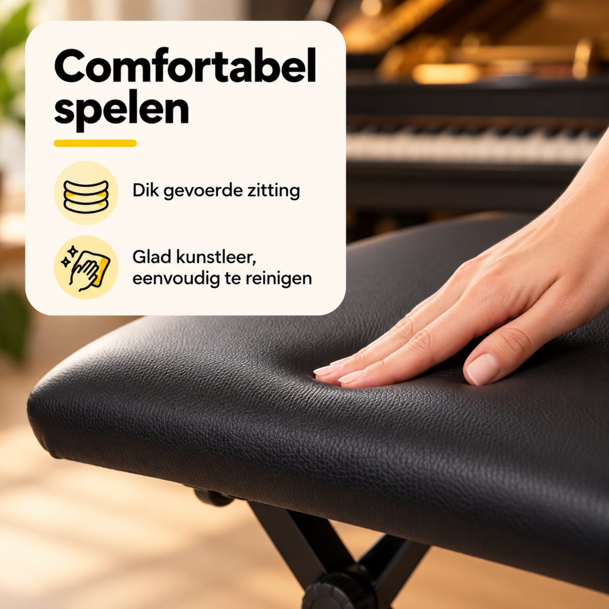 Verstelbare pianokruk met inklapbaar frame – zwart kunstleer – 39×29×37–47 cm met dik gevoerde zitting en glad kunstleer