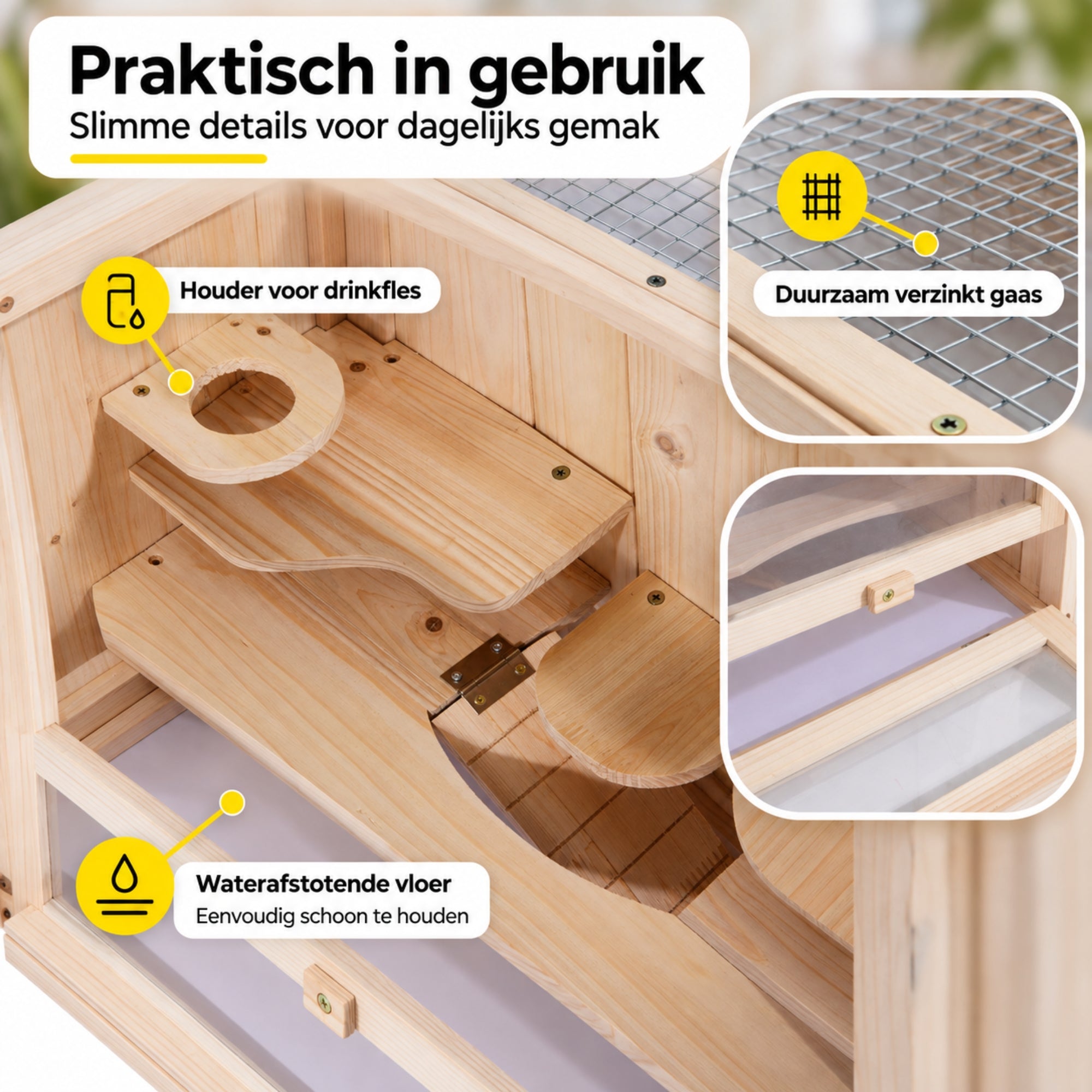 Houten hamsterkooi 60x35x42 cm – comfortabele en veilige ruimte voor je knaagdier met drinkfleshouder, gaas en waterafstotende vloer