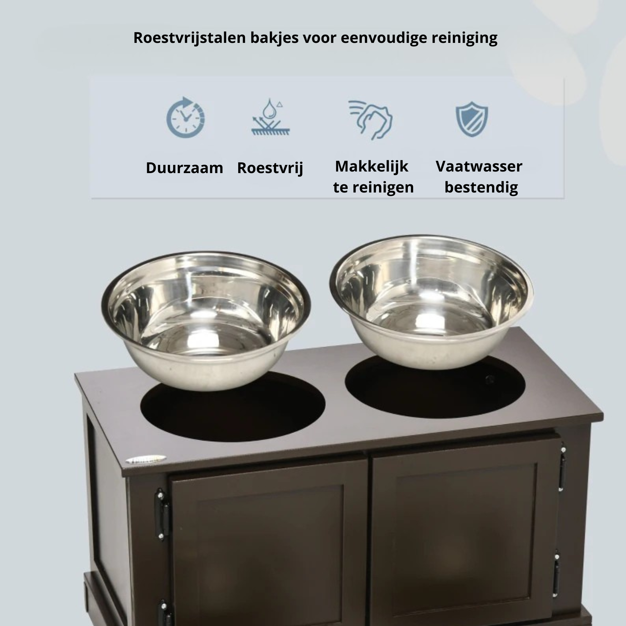 Hondenvoerbak met opbergruimte van MDF en RVS in bruin houtdesign