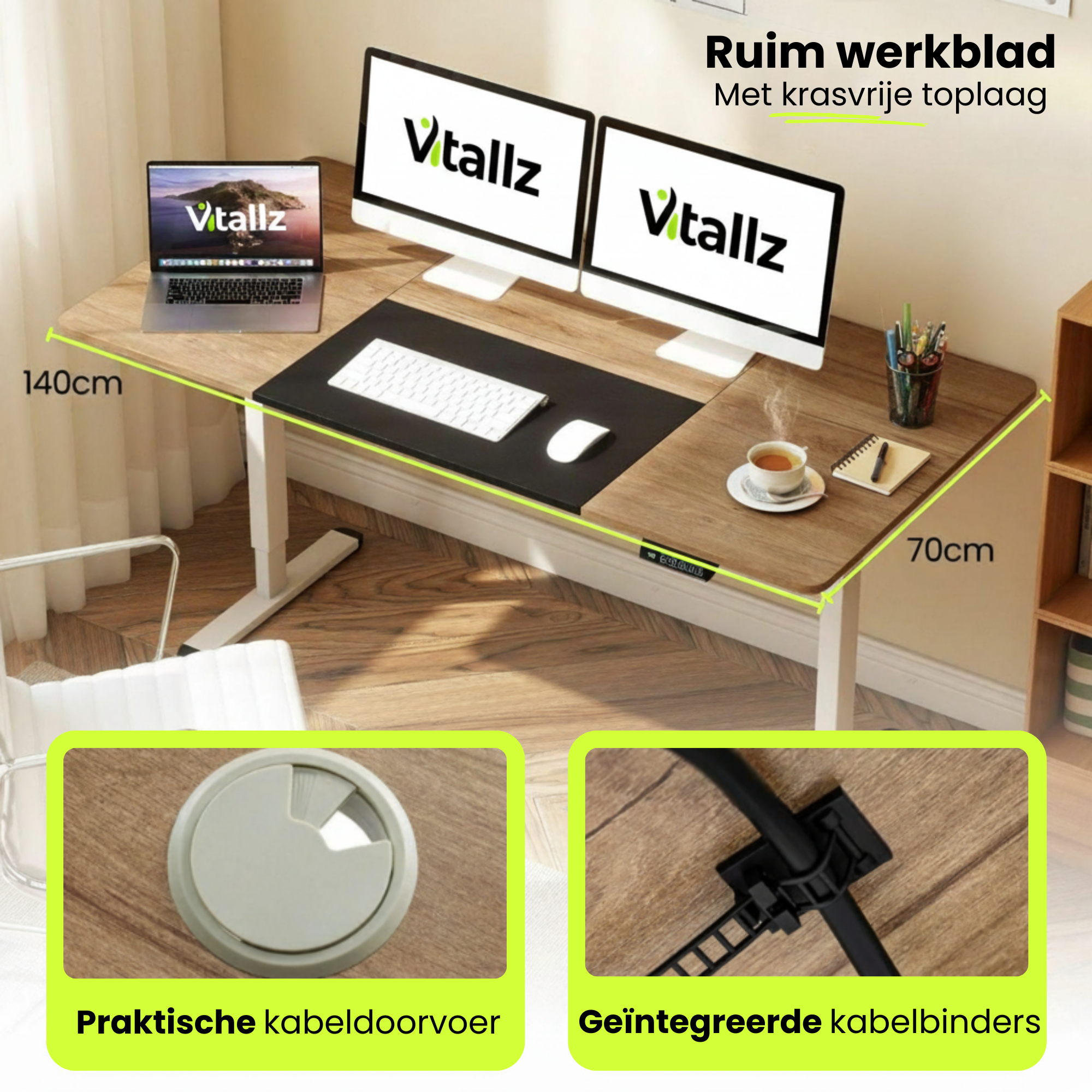 Elektrisch zit sta bureau 140x70 met botsbeveiliging en kinderslot natuur met krasvrije toplaag en kabelmanagement