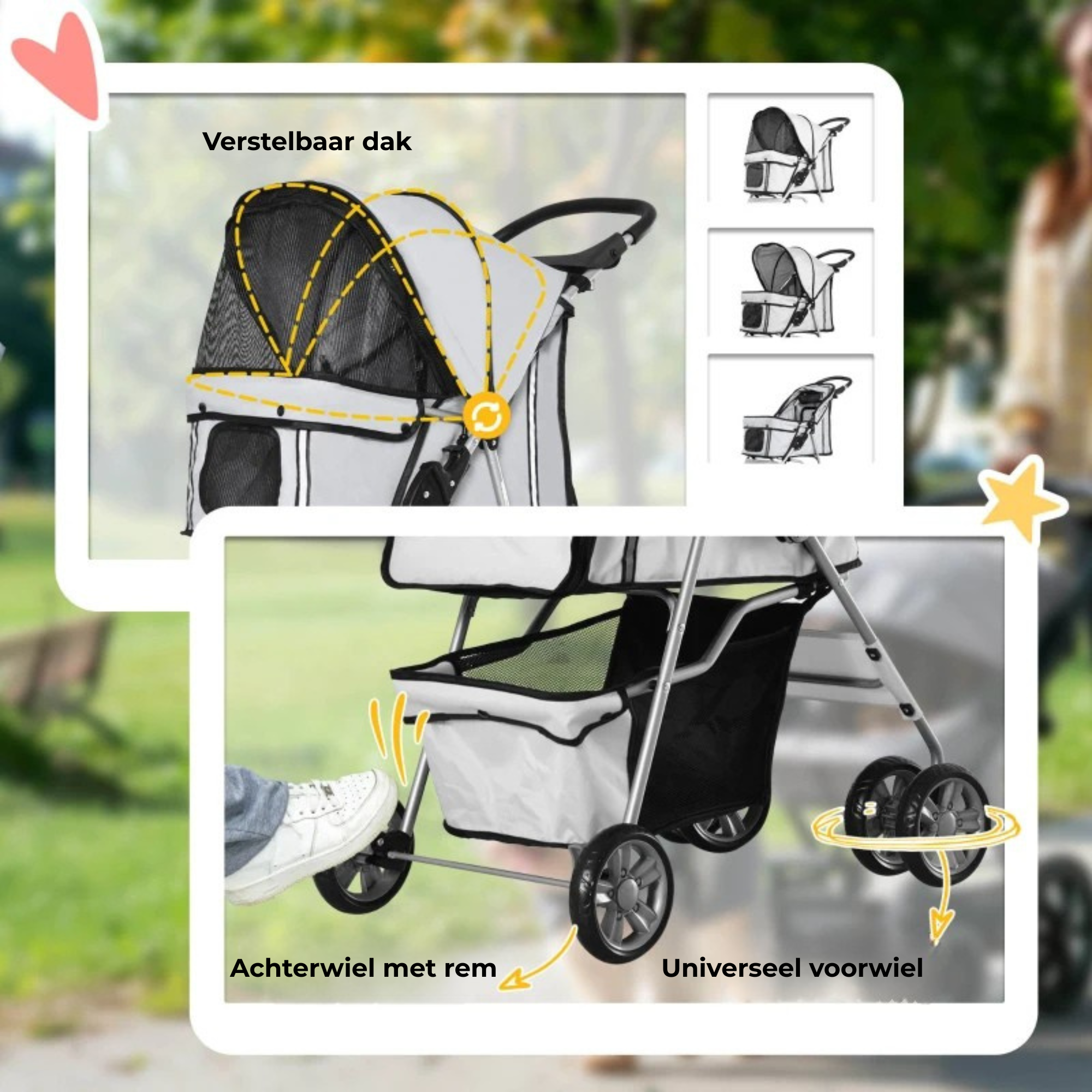 Hondenbuggy opvouwbaar grijs 75x45 cm – veilig hondenvervoer met verstelbaar dak en rem op achterwiel voor optimale controle