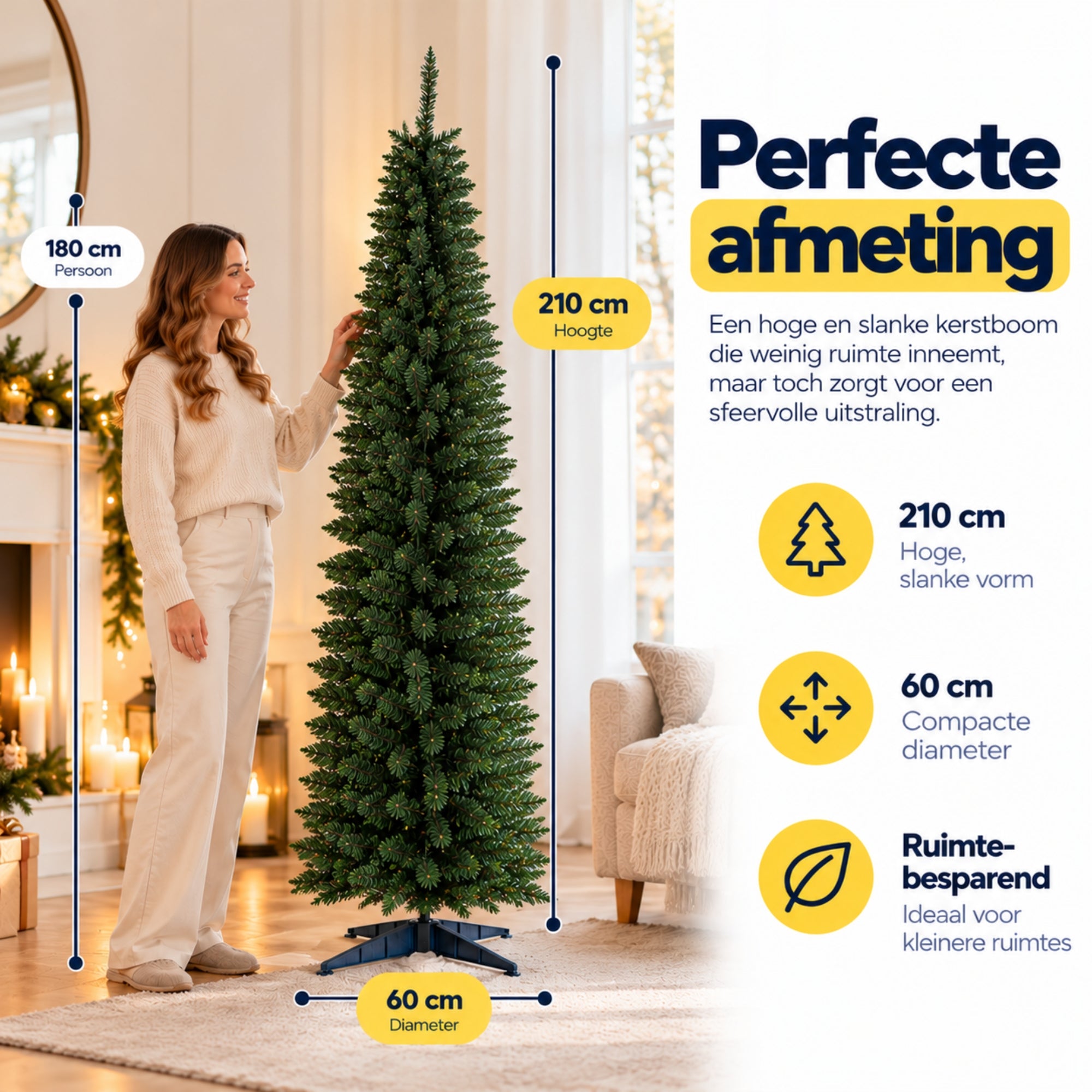 Infographic van Smalle kunstkerstboom 210 cm – perfect voor kleine ruimtes met 210 cm hoogte, 60 cm diameter en slanke groene vorm