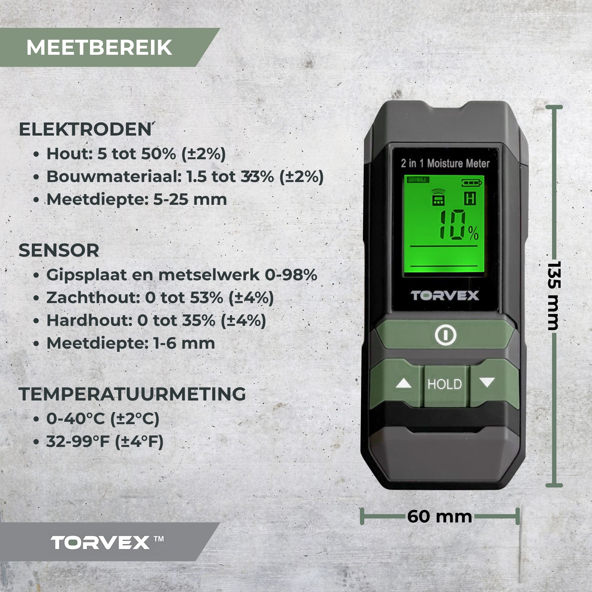 Torvex 3 in 1 digitale vochtmeter – Temperatuurmeter - Vochtmeter muren – Voor hout en bouwmaterialen – Incl. batterijen & opberghoes