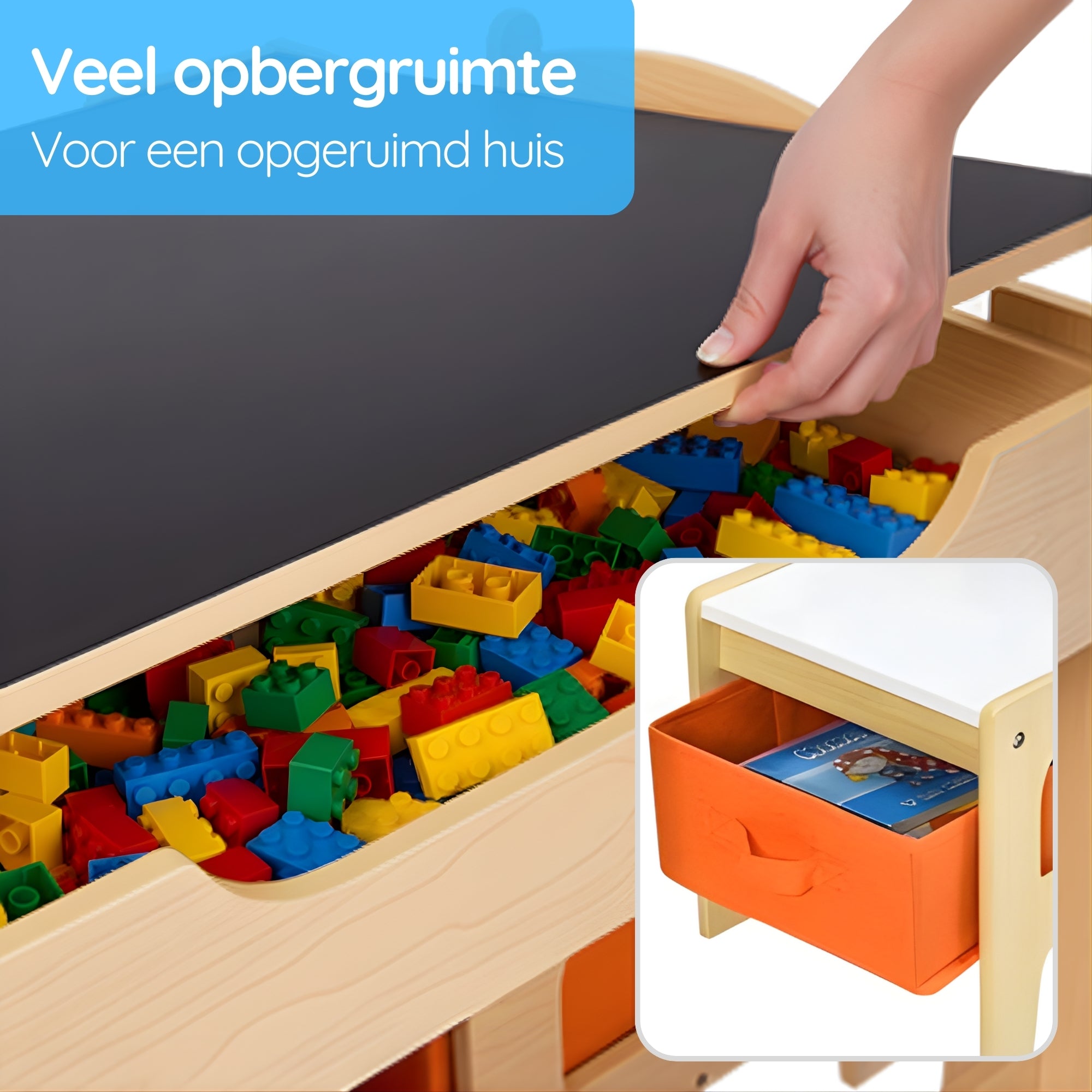 kindertafel met stoeltjes met krijtbord, whiteboard en slimme opbergruimte met ruime lade voor speelgoed en opbergbak