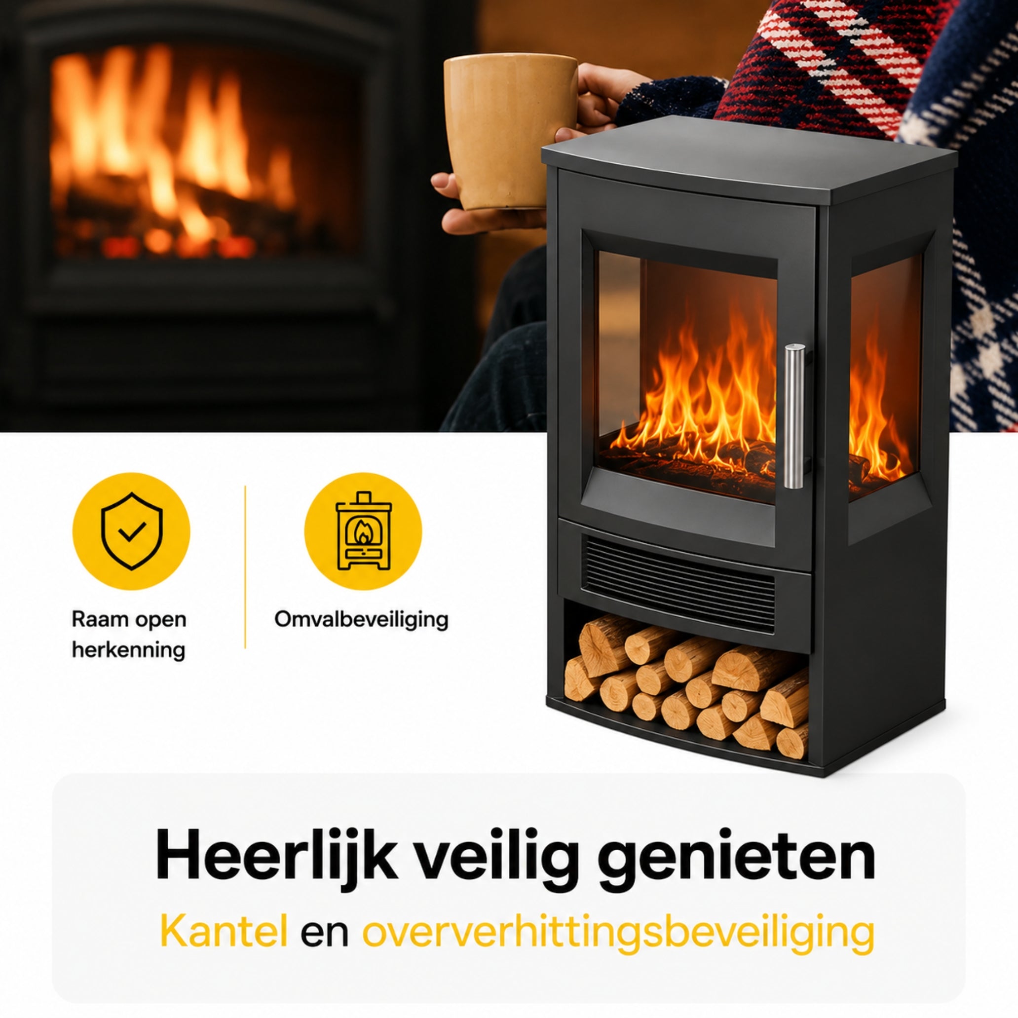 Zwarte elektrische sfeerhaard 1800W – met wifi-app en afstandsbediening | Zenzee