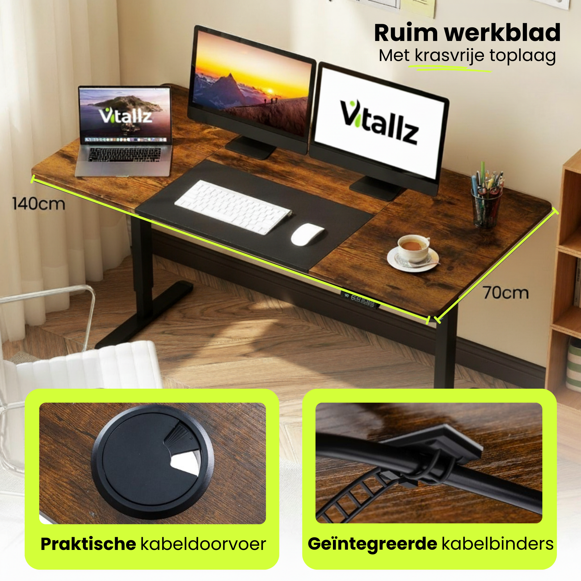 Elektrisch zit sta bureau 140x70 met botsbeveiliging en kinderslot bruin met krasvrije toplaag en kabelmanagement